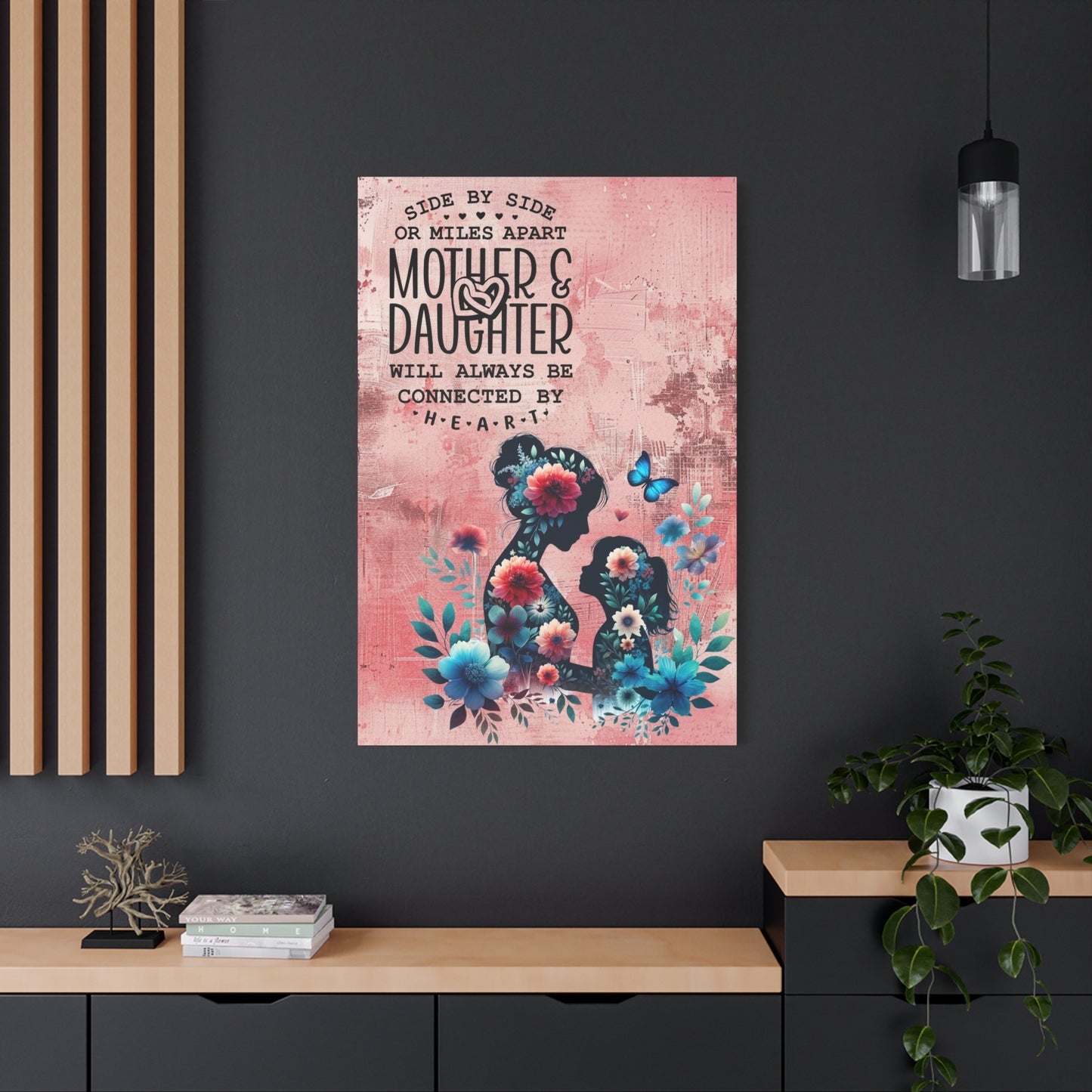 Mother-Daughter Love With Floral And Butterfly Canvas Wall Art Print