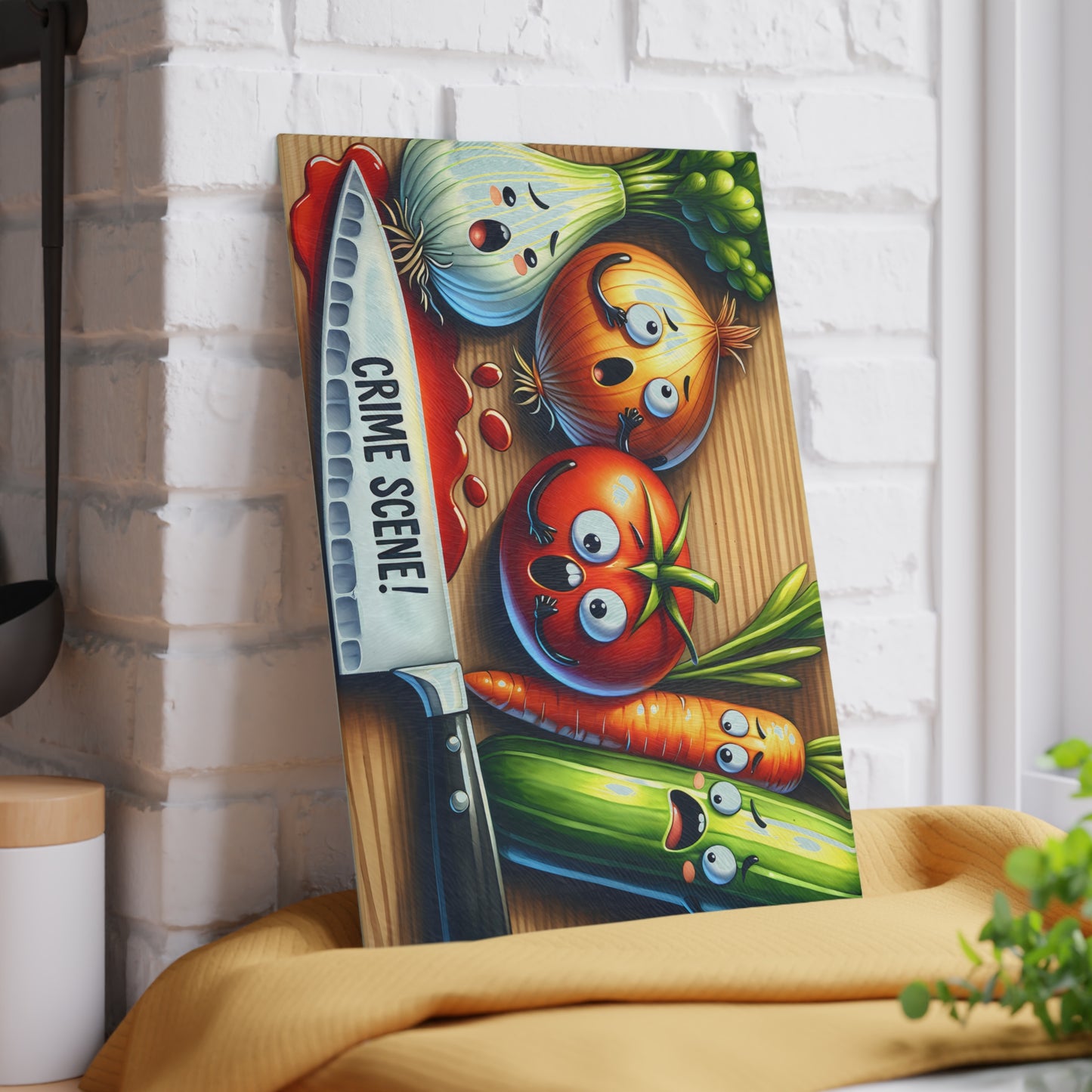 Funny Crime Scene Glass Cutting Board - Cartoon Veggies Design