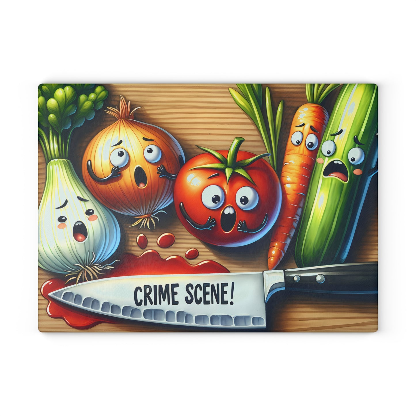 Funny Crime Scene Glass Cutting Board - Cartoon Veggies Design