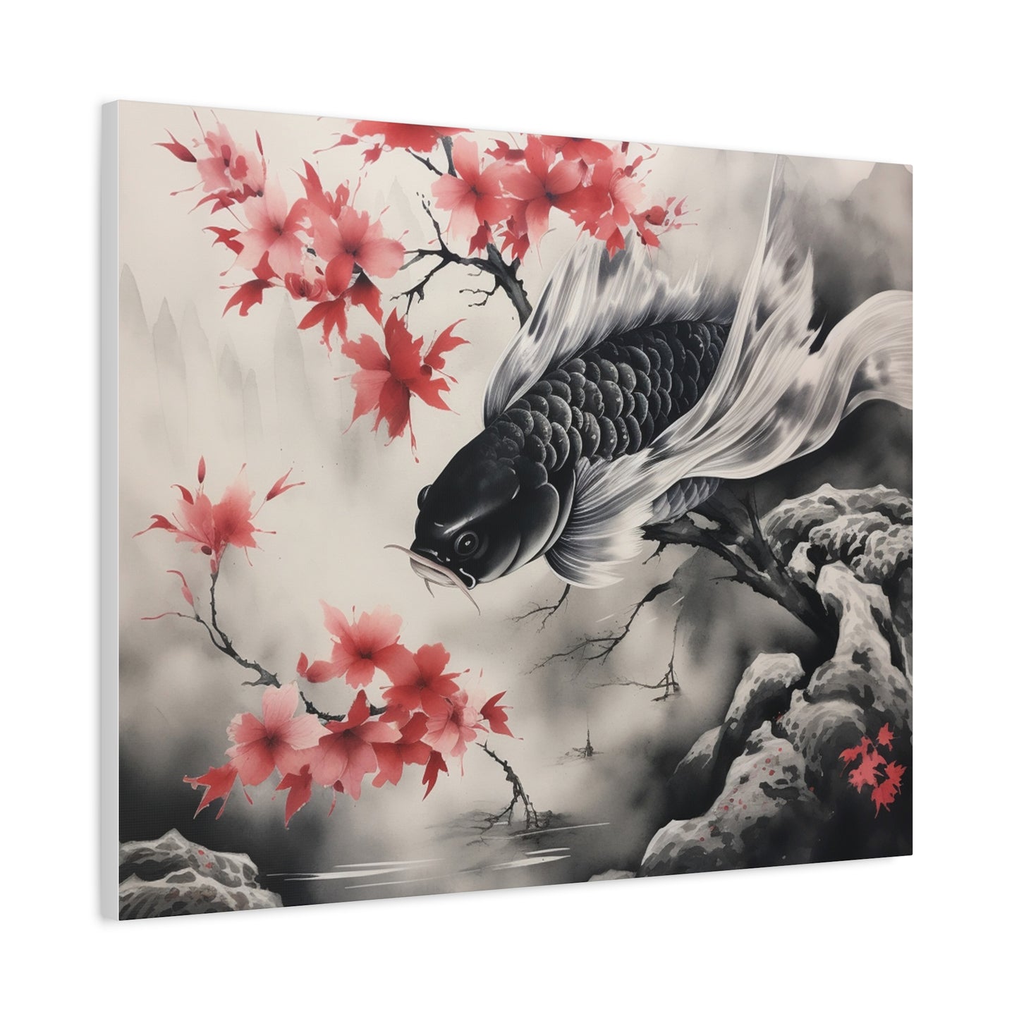 Koi Fish Artwork Canvas Wall Art Print - Elegant Decorative Wall Art with Cherry Blossoms
