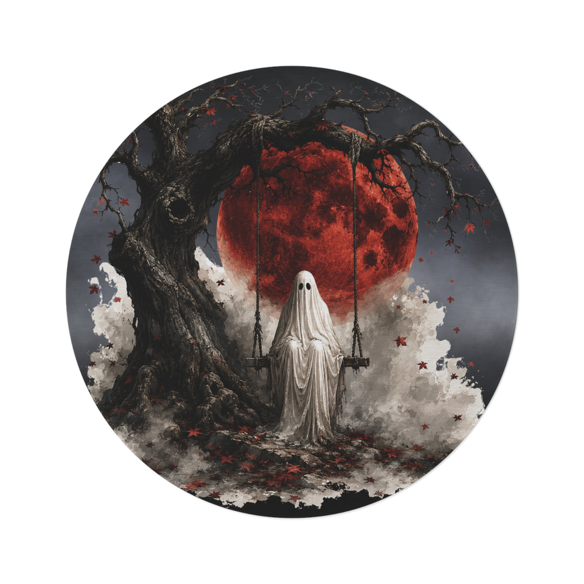Halloween Swinging Ghost Red Moon Round Rug