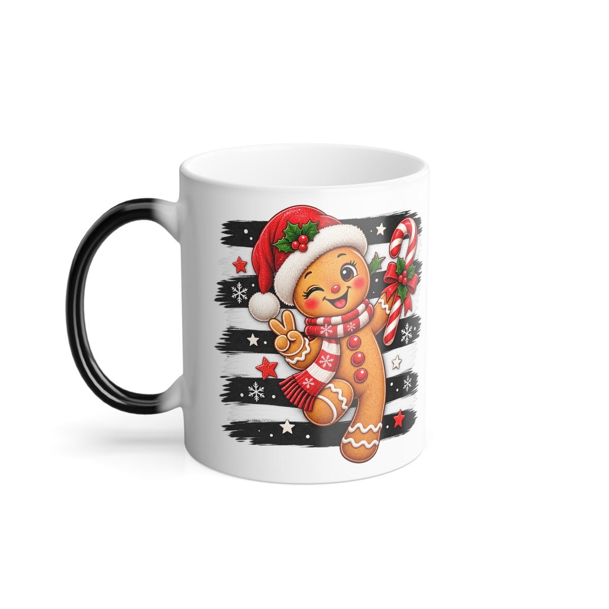 Cheerful Gingerbread Man in Santa Hat with Candy Cane Color Morphing Mug
