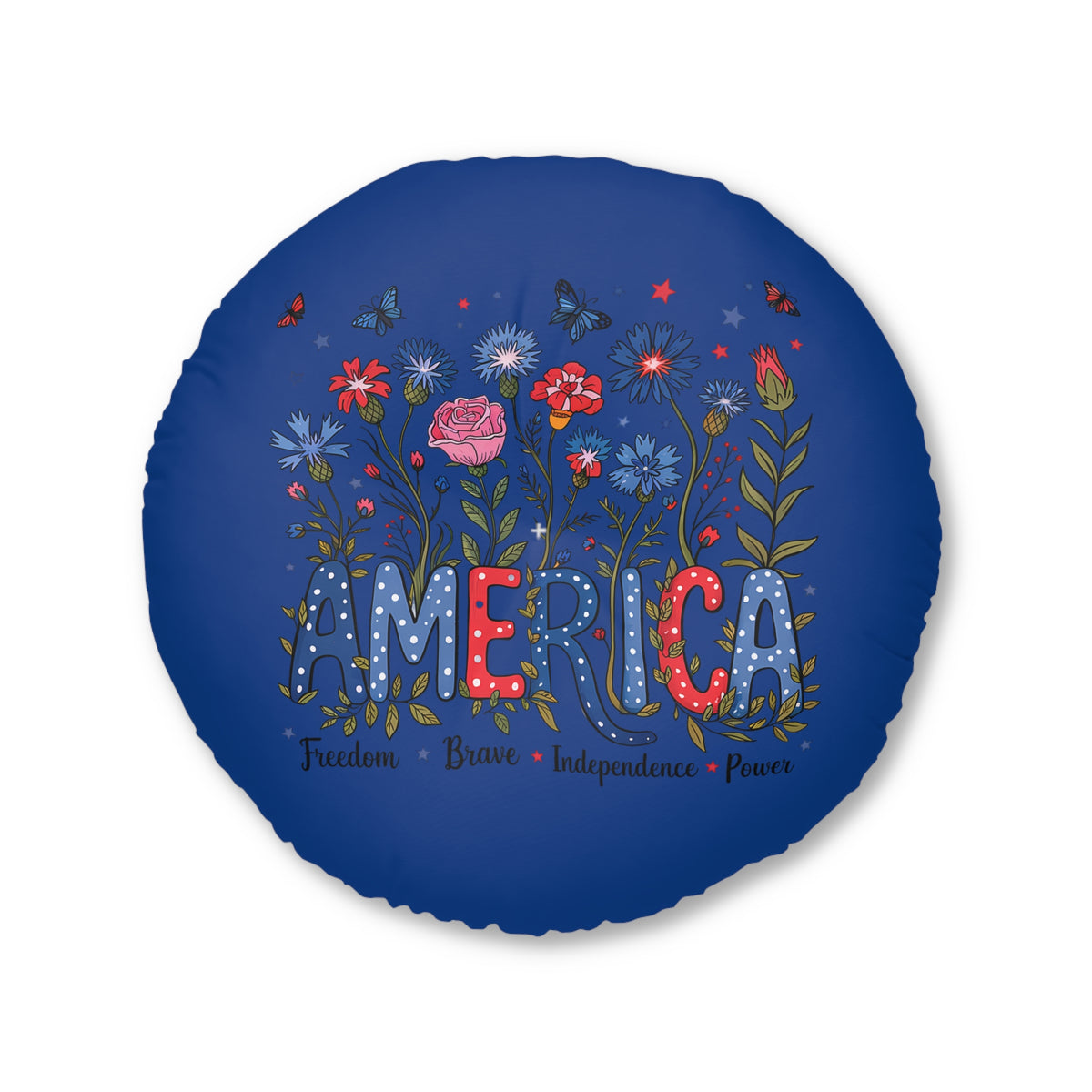 Patriotic Tufted Floor Pillow, Round, Cozy Home Décor, Indoor Cushion, Fireworks Design, Perfect for Holidays and Celebrations