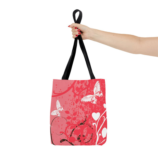 Pink Butterfly Heart Floral Abstract Fashionable Tote Bag (AOP), Stylish, Gift Idea for Birthdays, Holidays, Any Occasion for Anyone