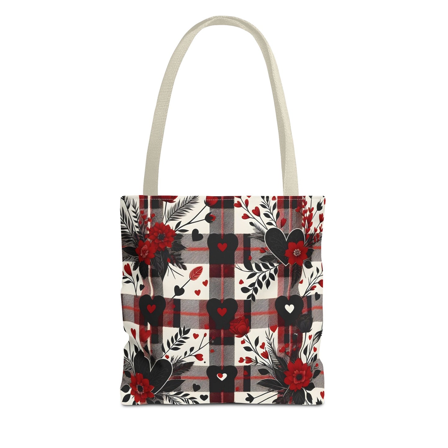 Fashionable Valentine Tote Bag (AOP) with Flowers and Hearts Plaid Design Pattern