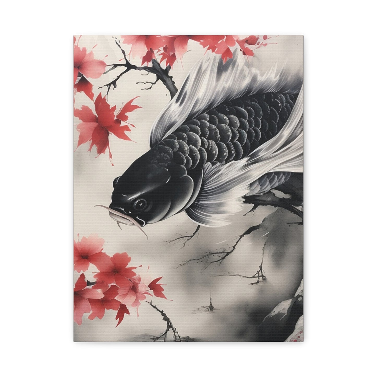Koi Fish Artwork Canvas Wall Art Print - Elegant Decorative Wall Art with Cherry Blossoms