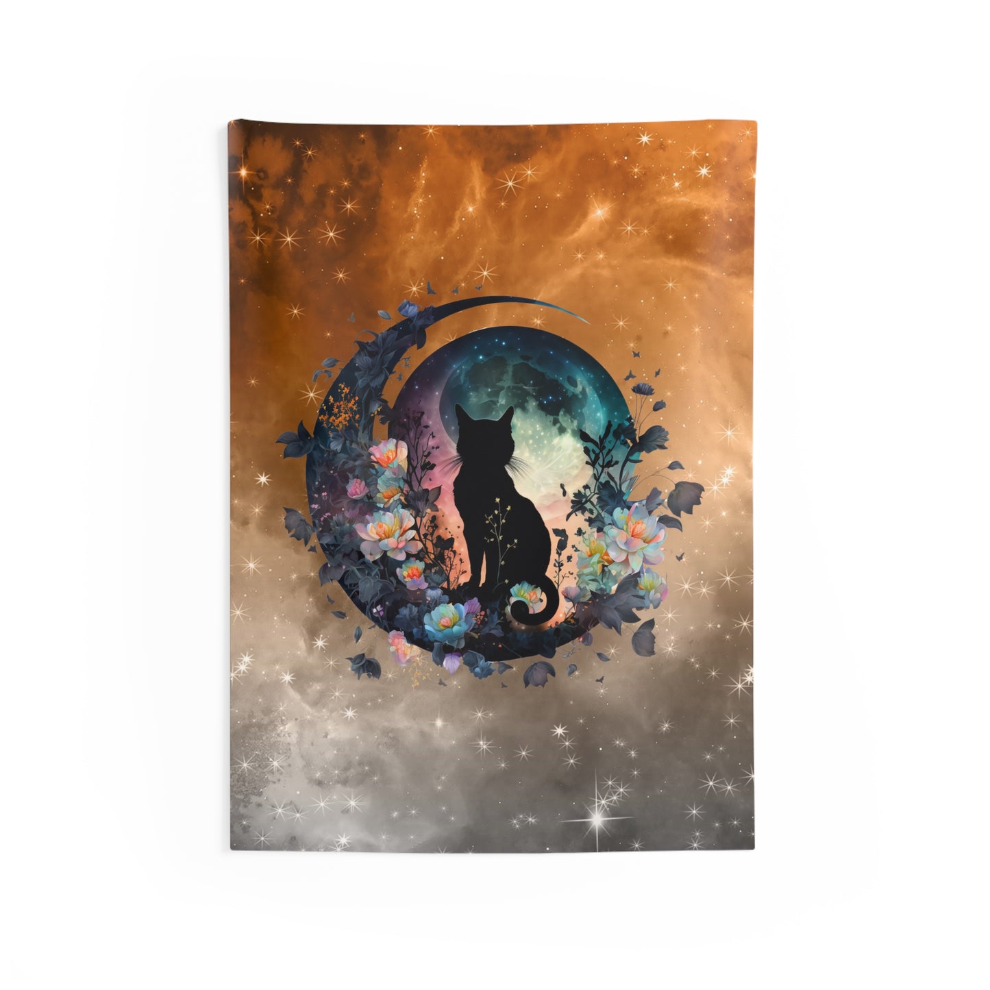 Mystical Cat Indoor Wall Tapestry, Bohemian Home Decor, Cat Lovers Gift, Space Art, Floral Wall Hanging