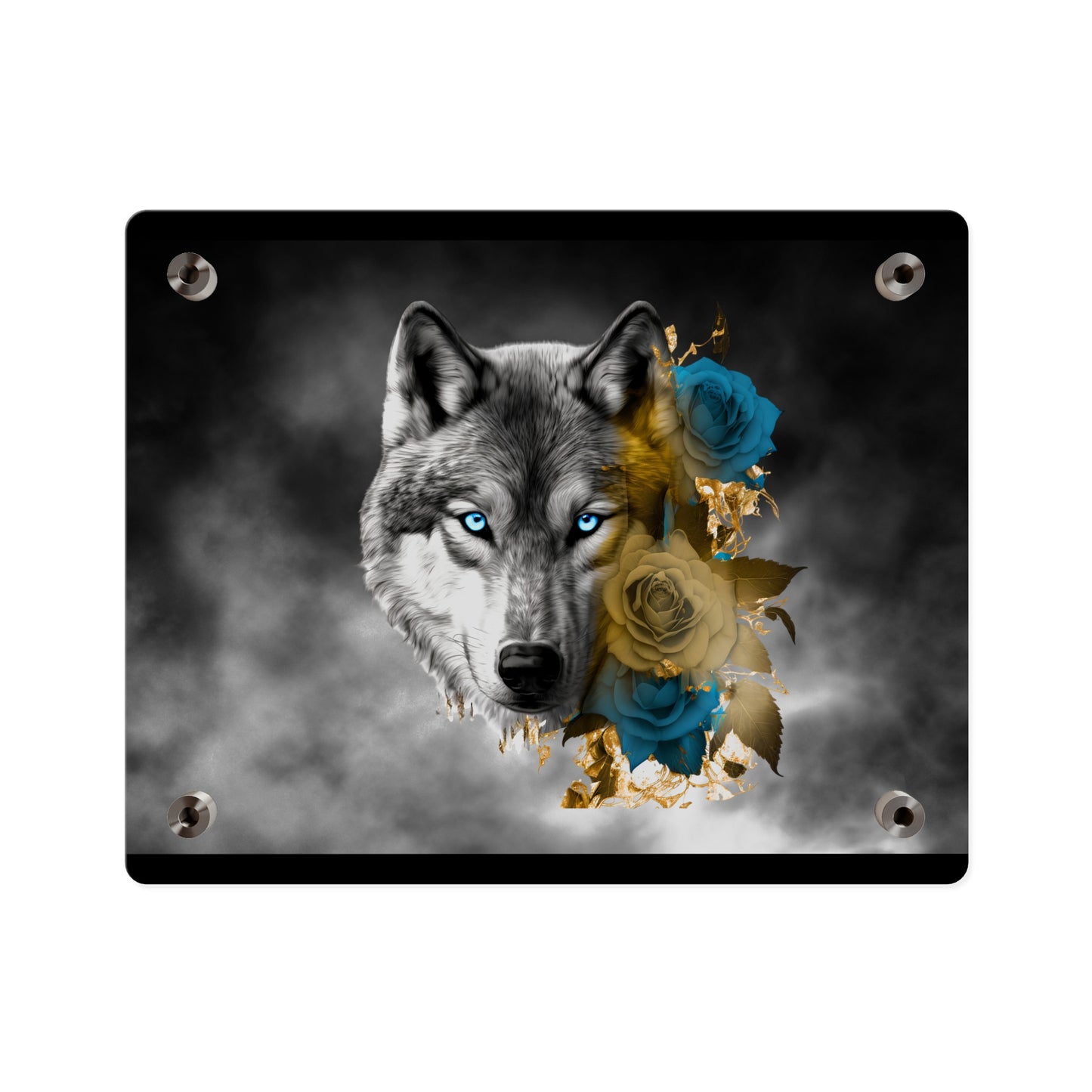 Lively Wolf Acrylic Wall Art Panel - Blue Roses Decor