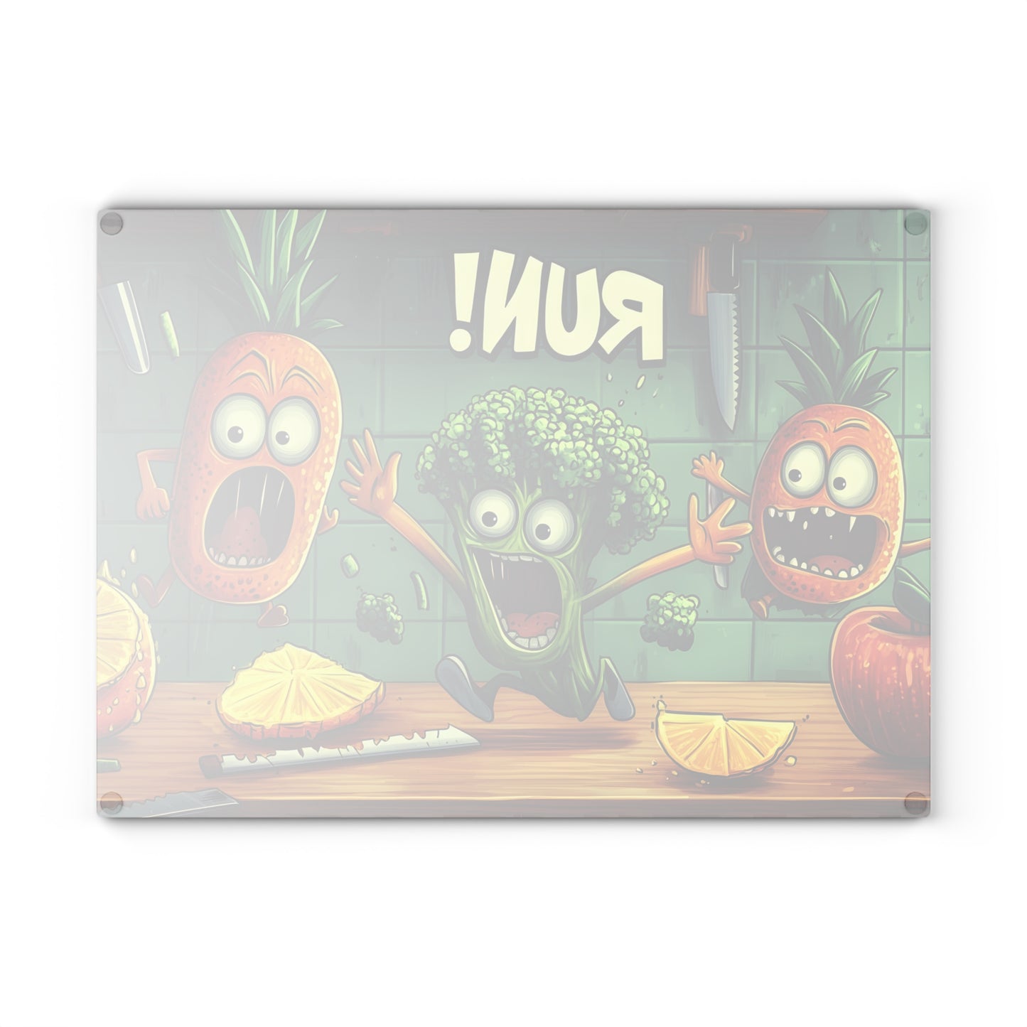 Fun Cartoon Glass Cutting Board - 'Run!' Veggie Design