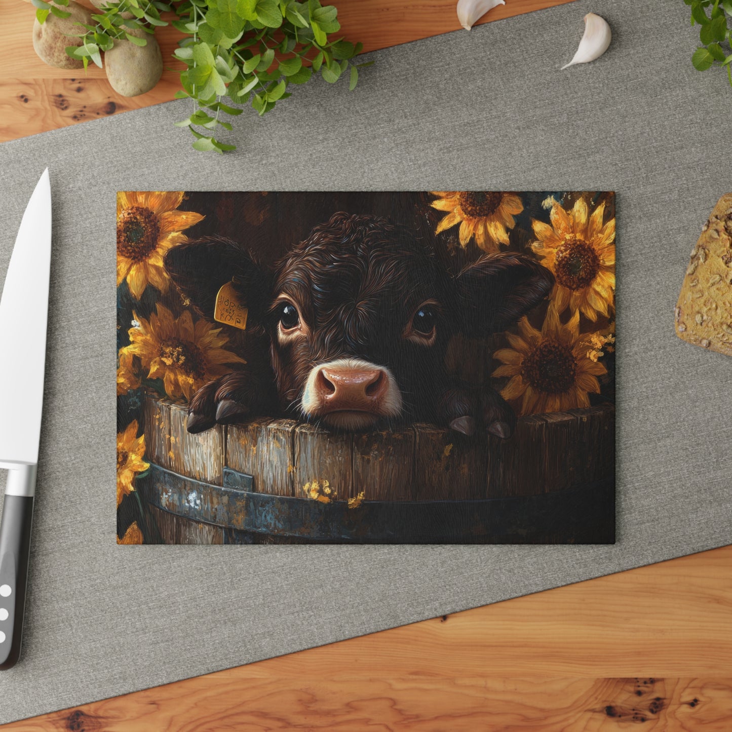 Sunflower Cow Glass Cutting Board - Farmhouse Kitchen Decor