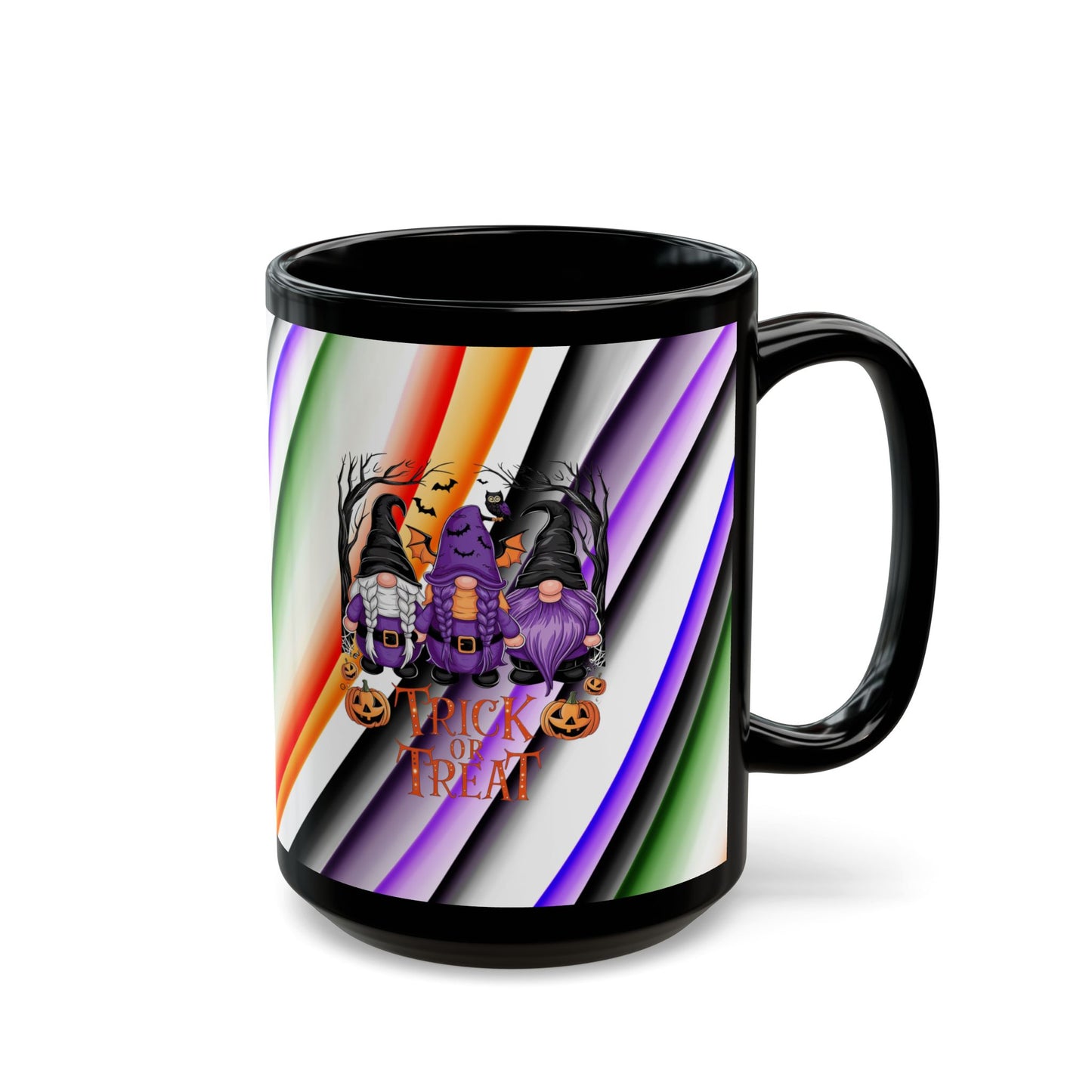 Halloween Theme Black Mug (11oz, 15oz), Cute Halloween Expression with Gnomes, Halloween Lovers, Gnome Lovers, Coffee, Tea, Hot Chocolate Lovers Gift Idea