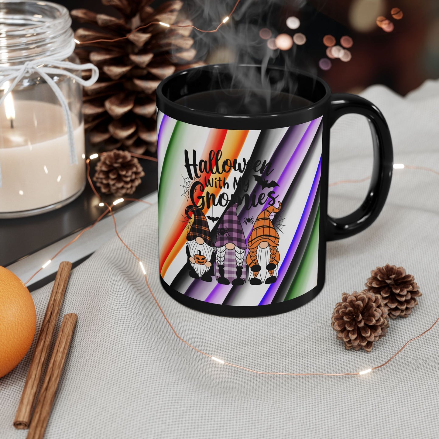 Halloween Theme Black Mug (11oz, 15oz), Cute Halloween Expression, Halloween Lovers, Gnome Lovers, Coffee, Tea, Hot Chocolate Lovers Gift Idea