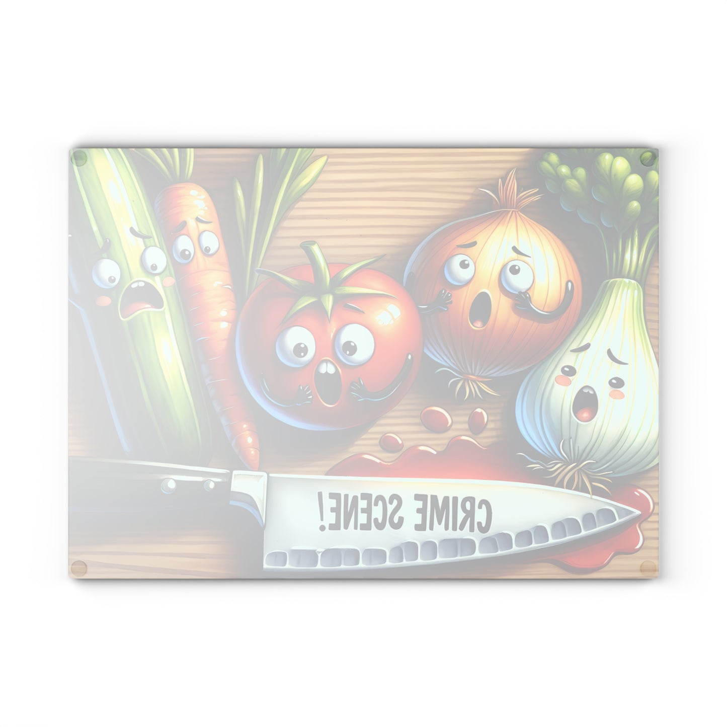 Funny Crime Scene Glass Cutting Board - Cartoon Veggies Design