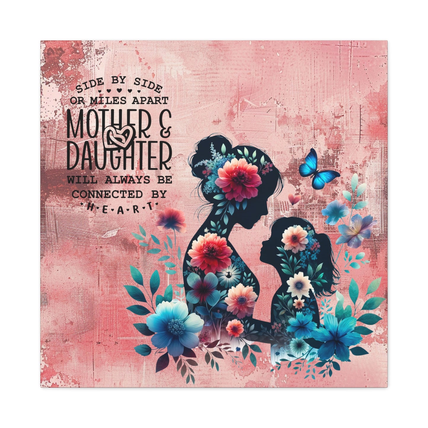 Mother-Daughter Love With Floral And Butterfly Canvas Wall Art Print