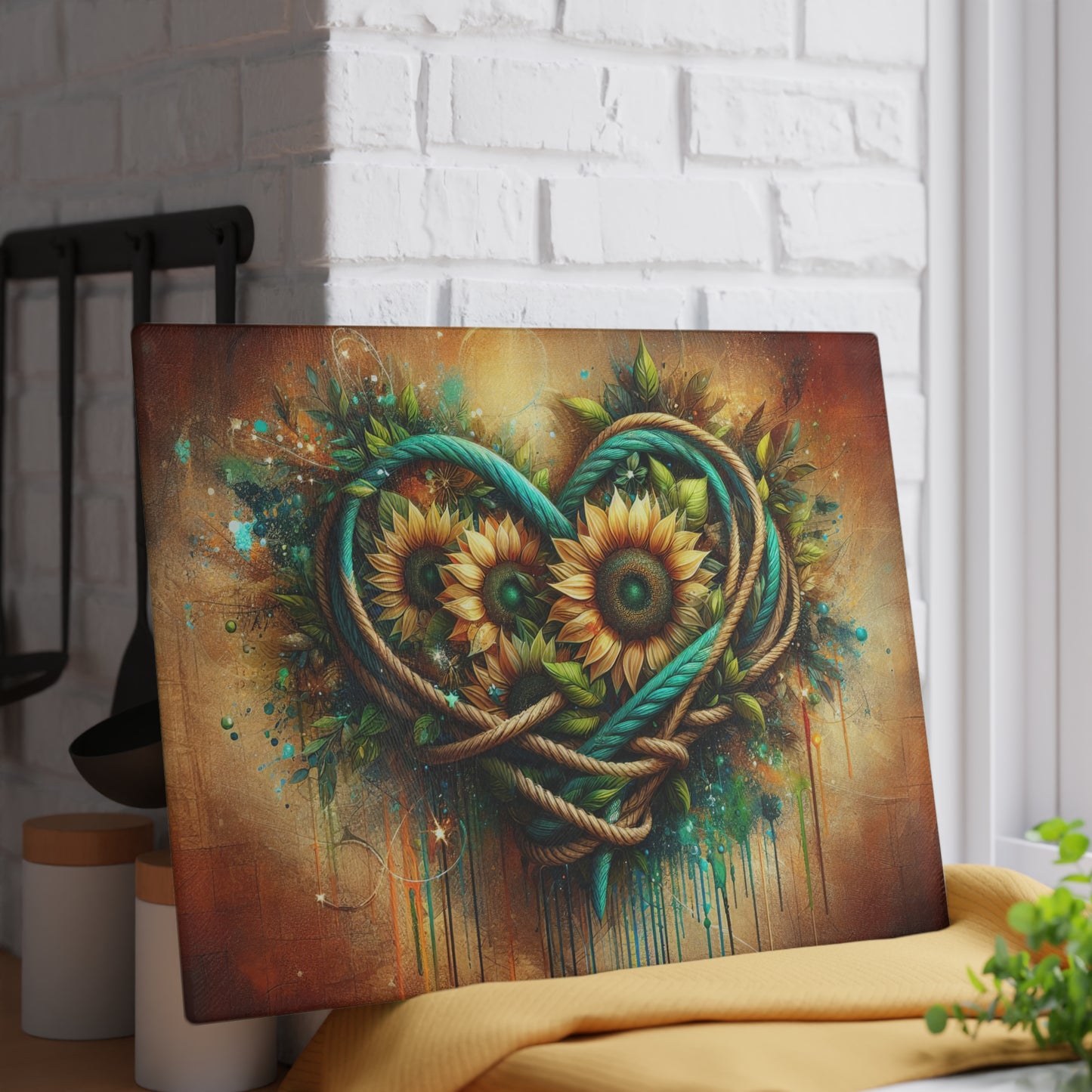 Decorative Glass Cutting Board — Heart Rope Floral Art