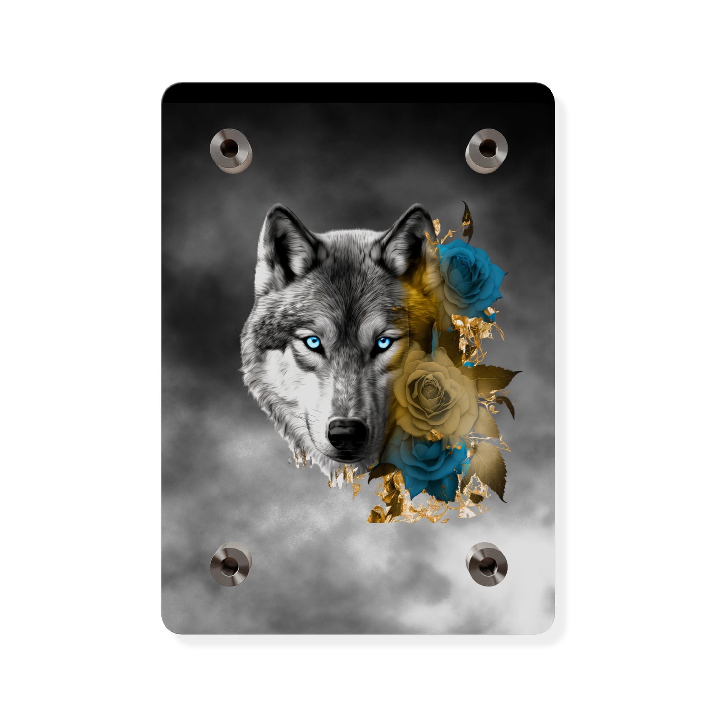 Lively Wolf Acrylic Wall Art Panel - Blue Roses Decor