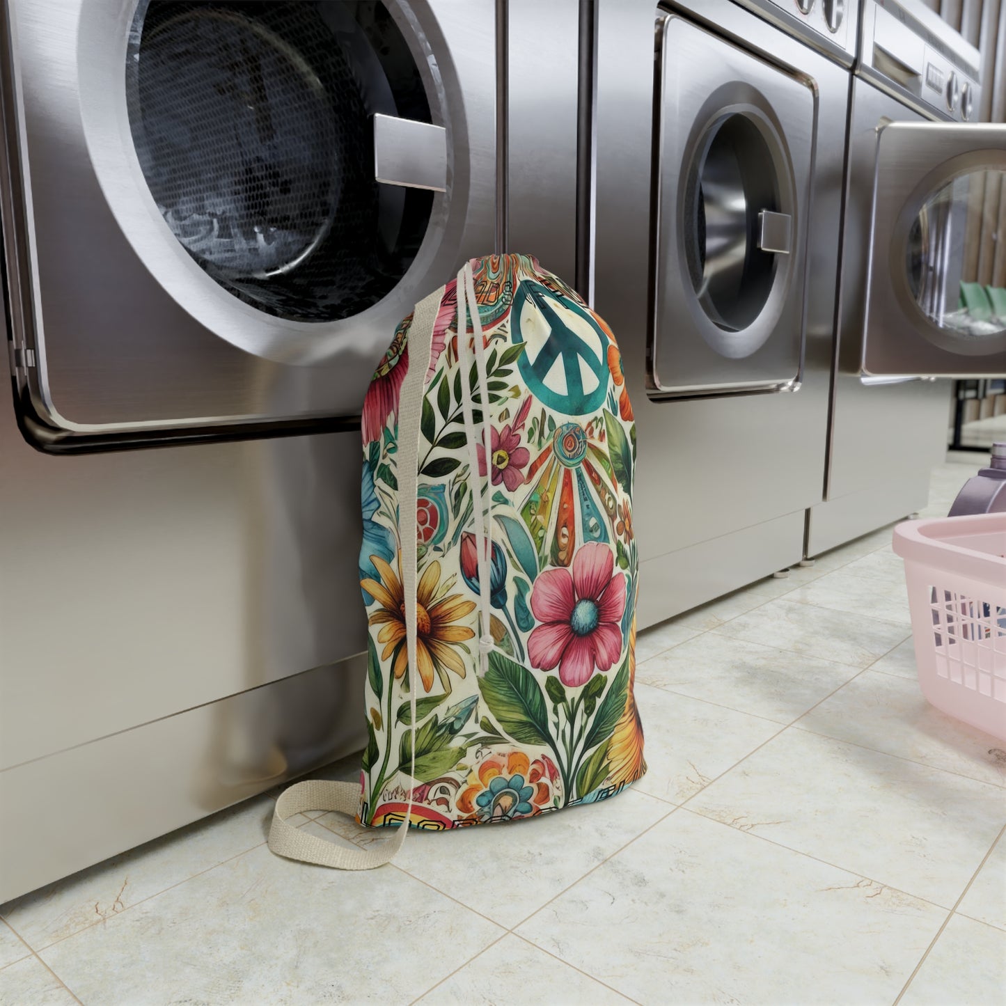 Boho Floral Peace Sign Laundry Bag — 'Loads of Fun' Drawstring Hamper