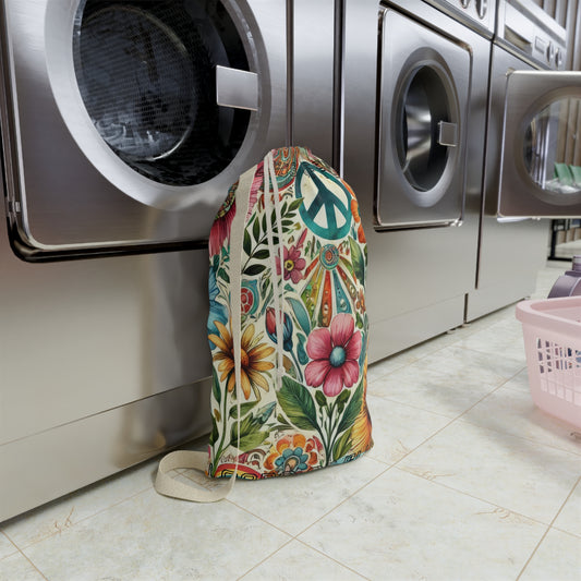 Boho Floral Peace Sign Laundry Bag — 'Loads of Fun' Drawstring Hamper