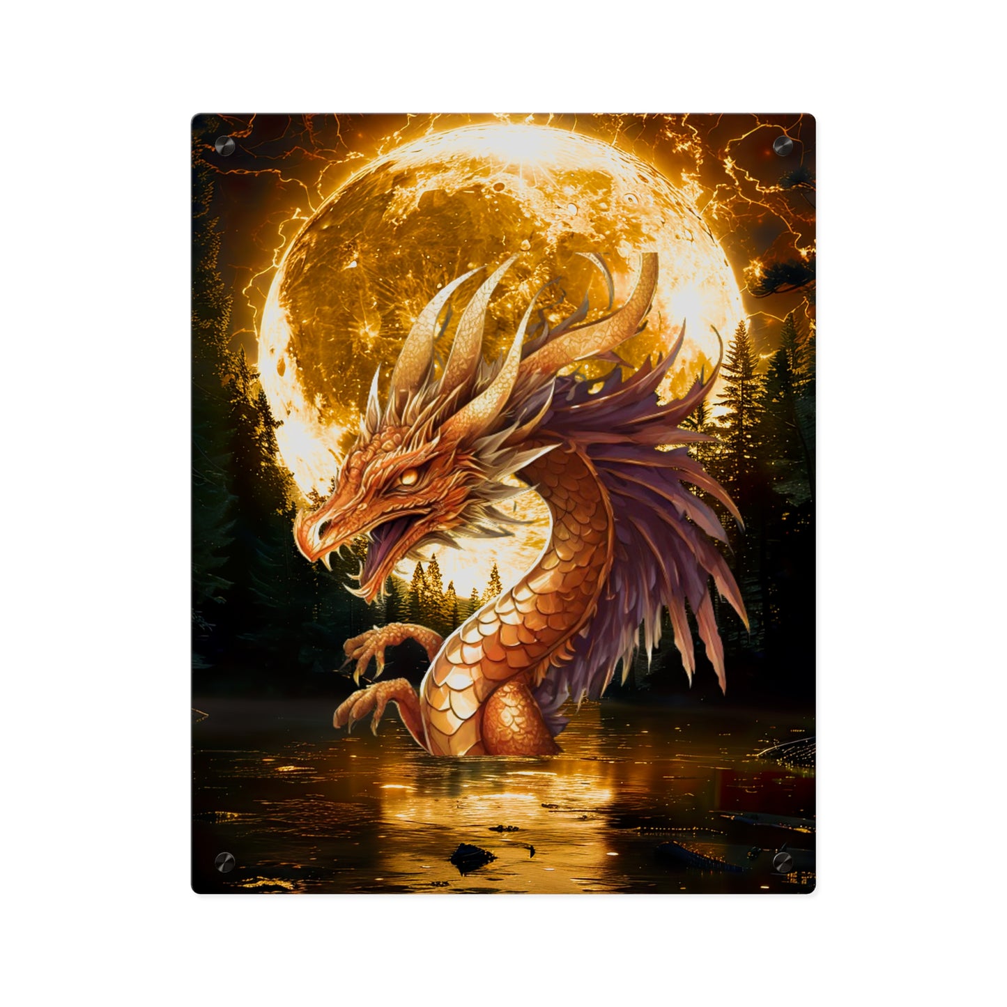 Gothic Theme Acrylic Wall Art Panel, Purple Dragon with Moon Background, Dragon Lovers, For Anyone, Accent for Any Room