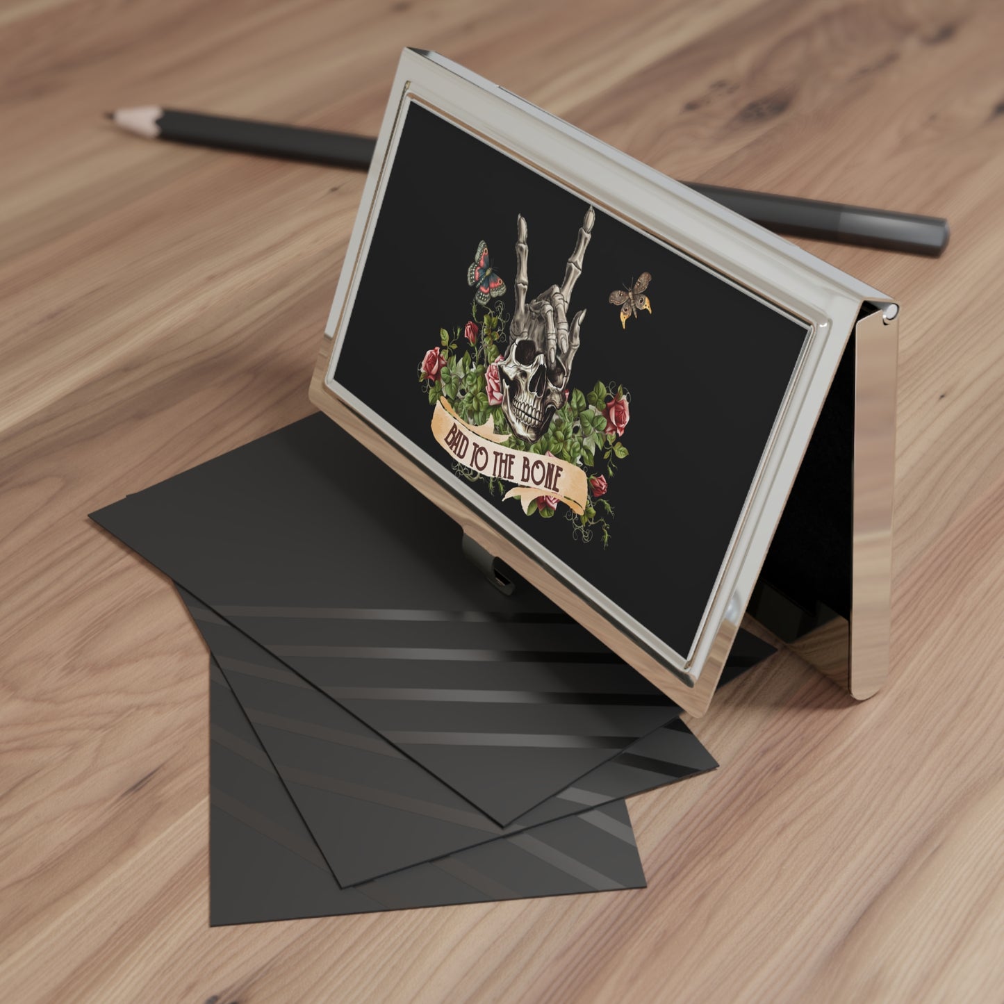 Bad to the Bone Skull Business Card Holder — Gothic Floral Metal Card Case