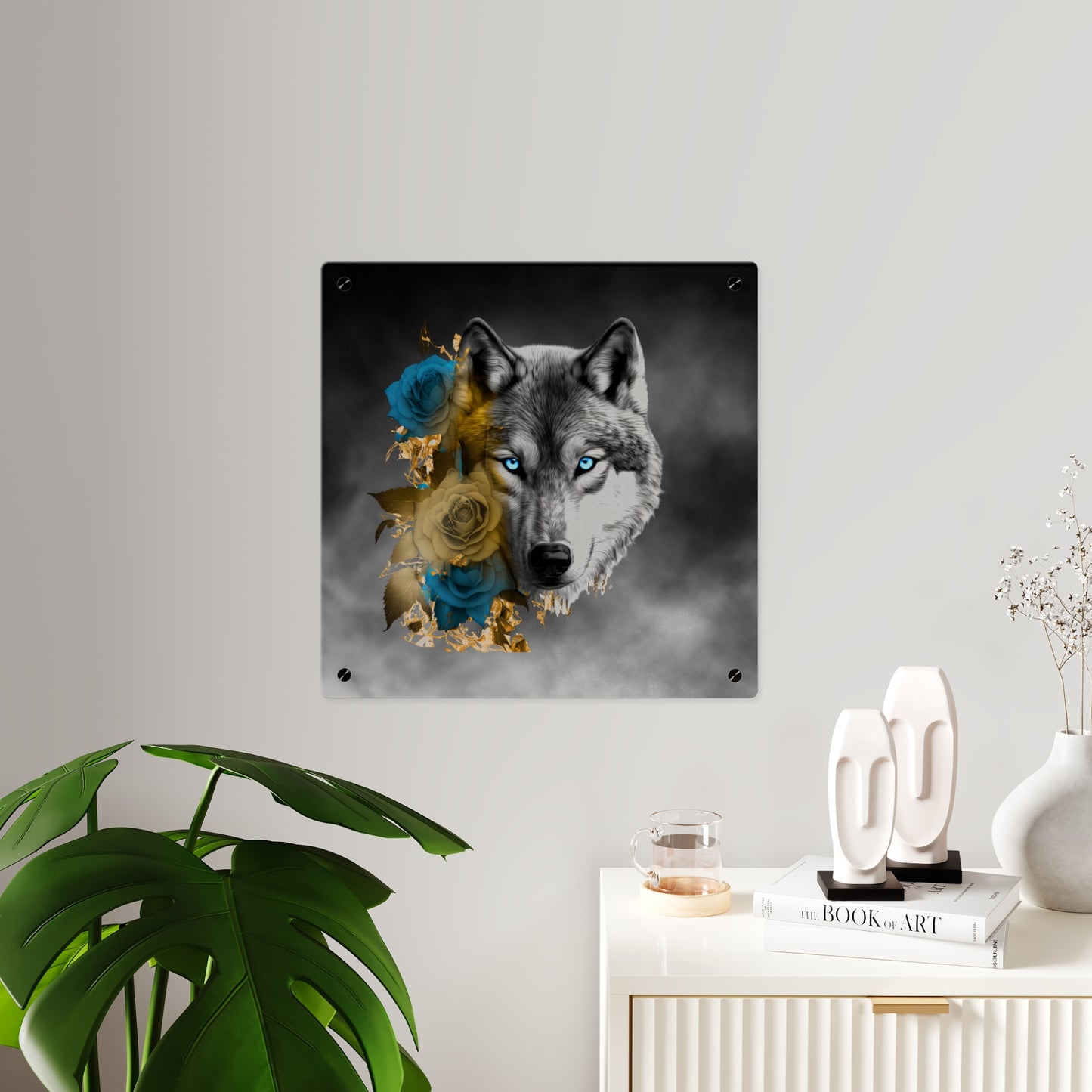 Lively Wolf Acrylic Wall Art Panel - Blue Roses Decor