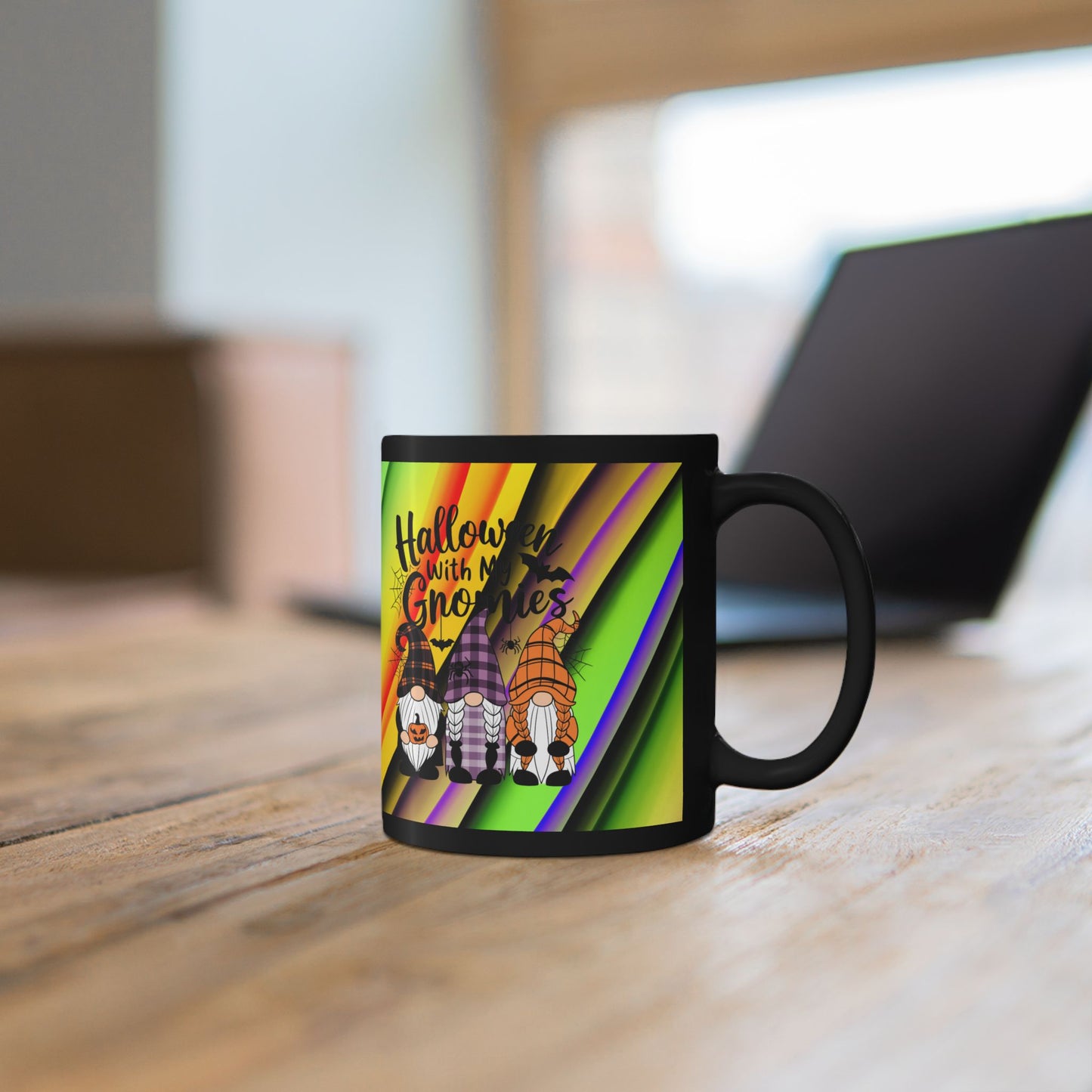 Halloween Theme Black Mug (11oz, 15oz), Cute Halloween Expression with Gnomes, Halloween Lovers, Gnome Lovers, Coffee, Tea, Hot Chocolate Lovers Gift Idea