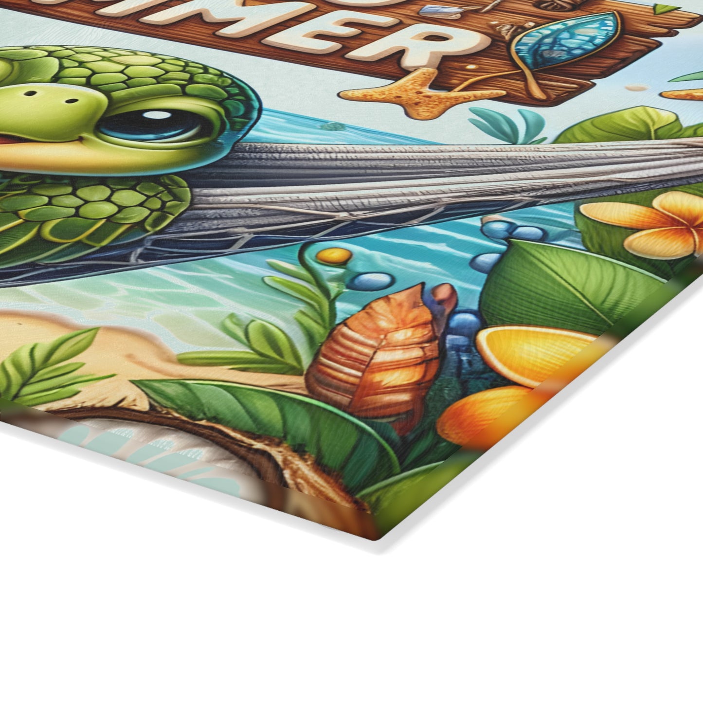 Glass Cutting Board - 'Hello Summer' Sea Turtle Beach Design