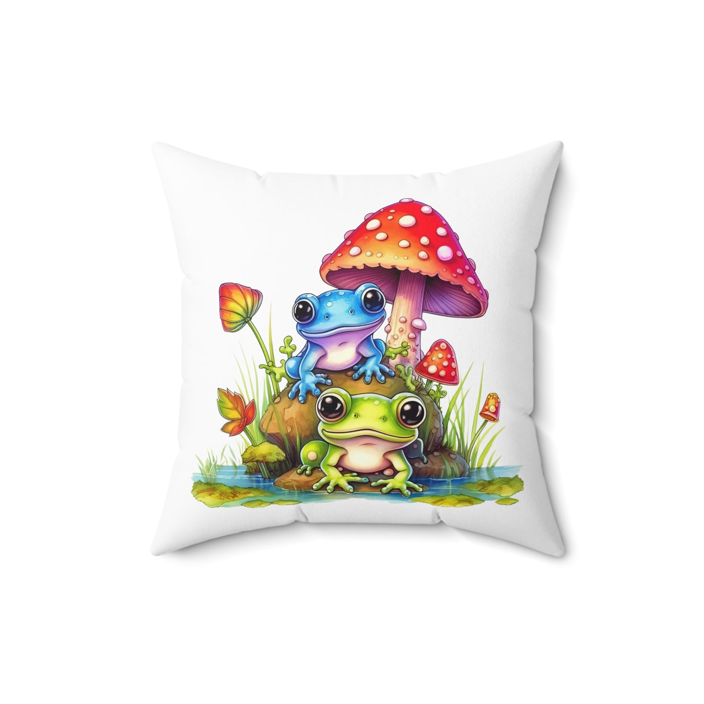 Decorative Spun Polyester Square Pillow, Stylish Mushroom with Frogs Decor for Home or Office, Gift Idea for Any Occasion for Anyone