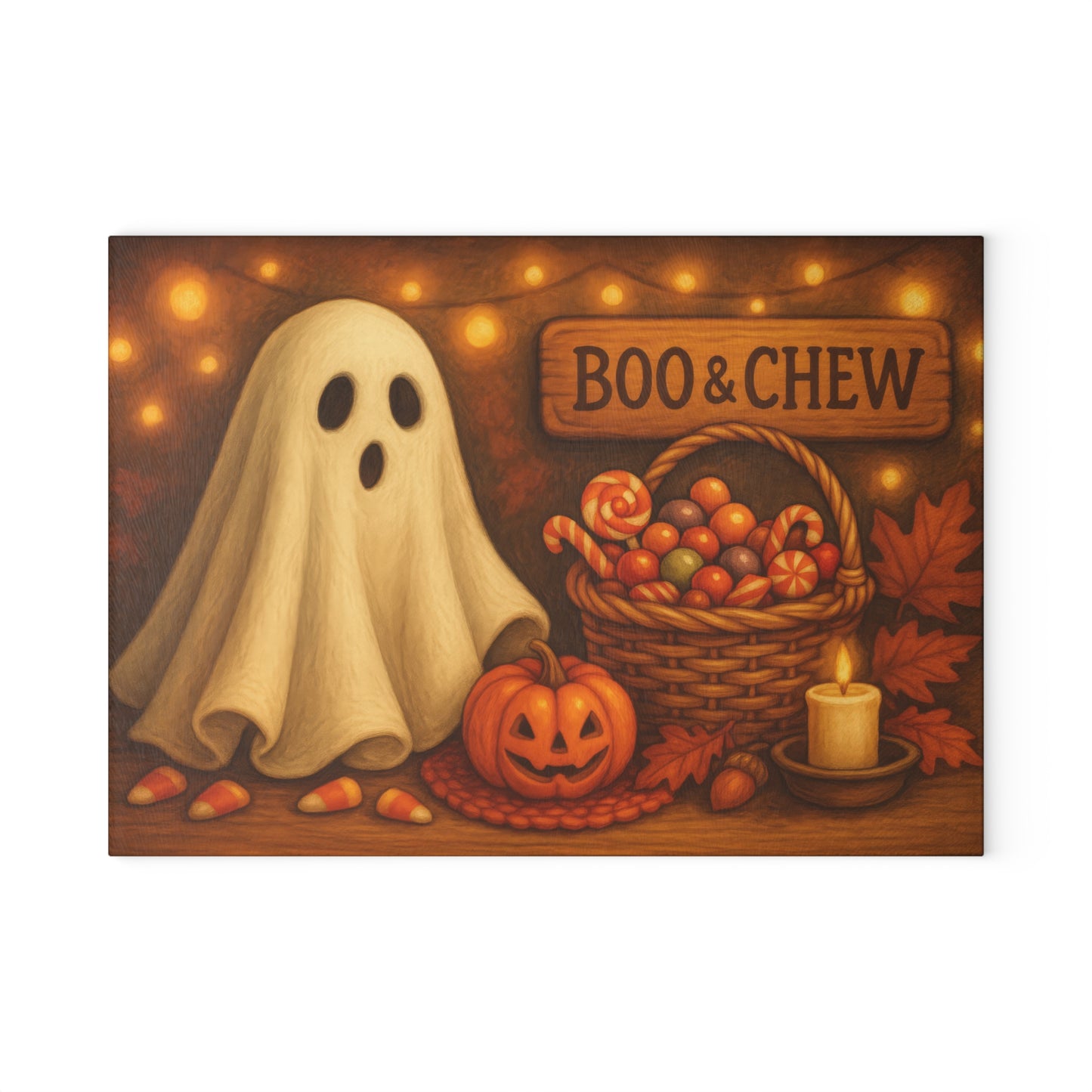 Halloween Themed Glass Cutting Board with 'Boo & Chew' Design