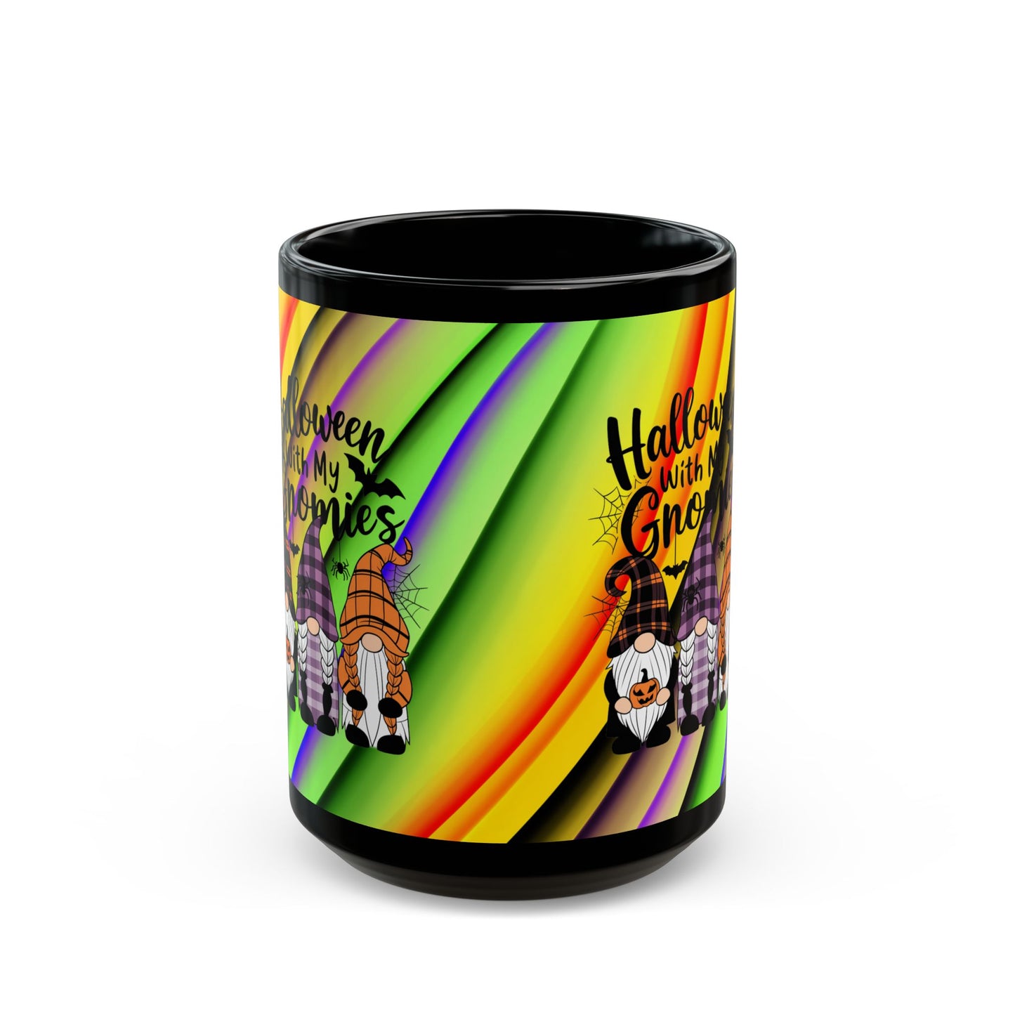 Halloween Theme Black Mug (11oz, 15oz), Cute Halloween Expression with Gnomes, Halloween Lovers, Gnome Lovers, Coffee, Tea, Hot Chocolate Lovers Gift Idea