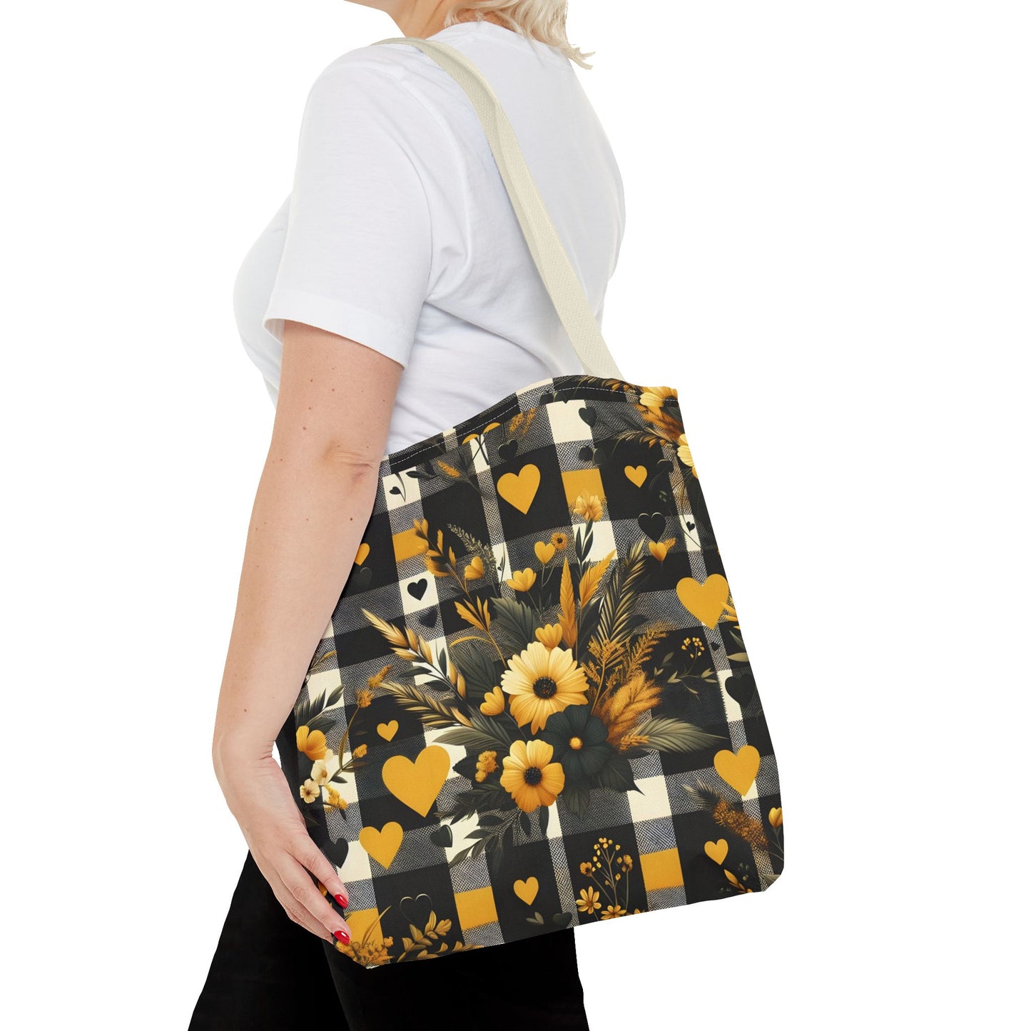 Stylish Yellow and Black Plaid Pattern with Floral and Hearts Tote Bag(AOP)