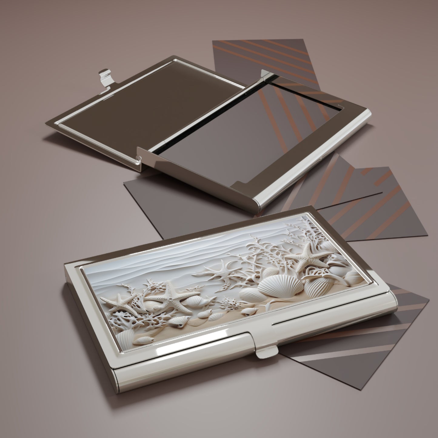 Seashell Beach Business Card Holder — Coastal Metal Card Case