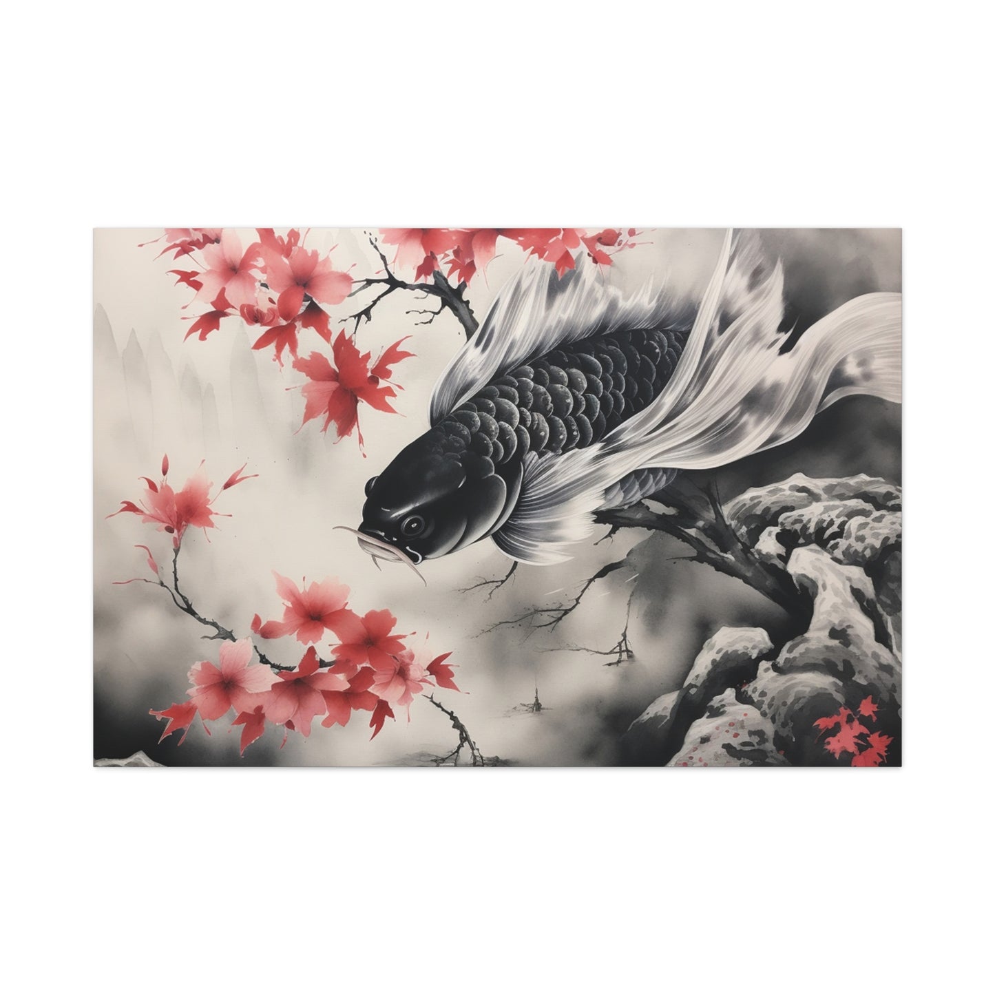 Koi Fish Artwork Canvas Wall Art Print - Elegant Decorative Wall Art with Cherry Blossoms