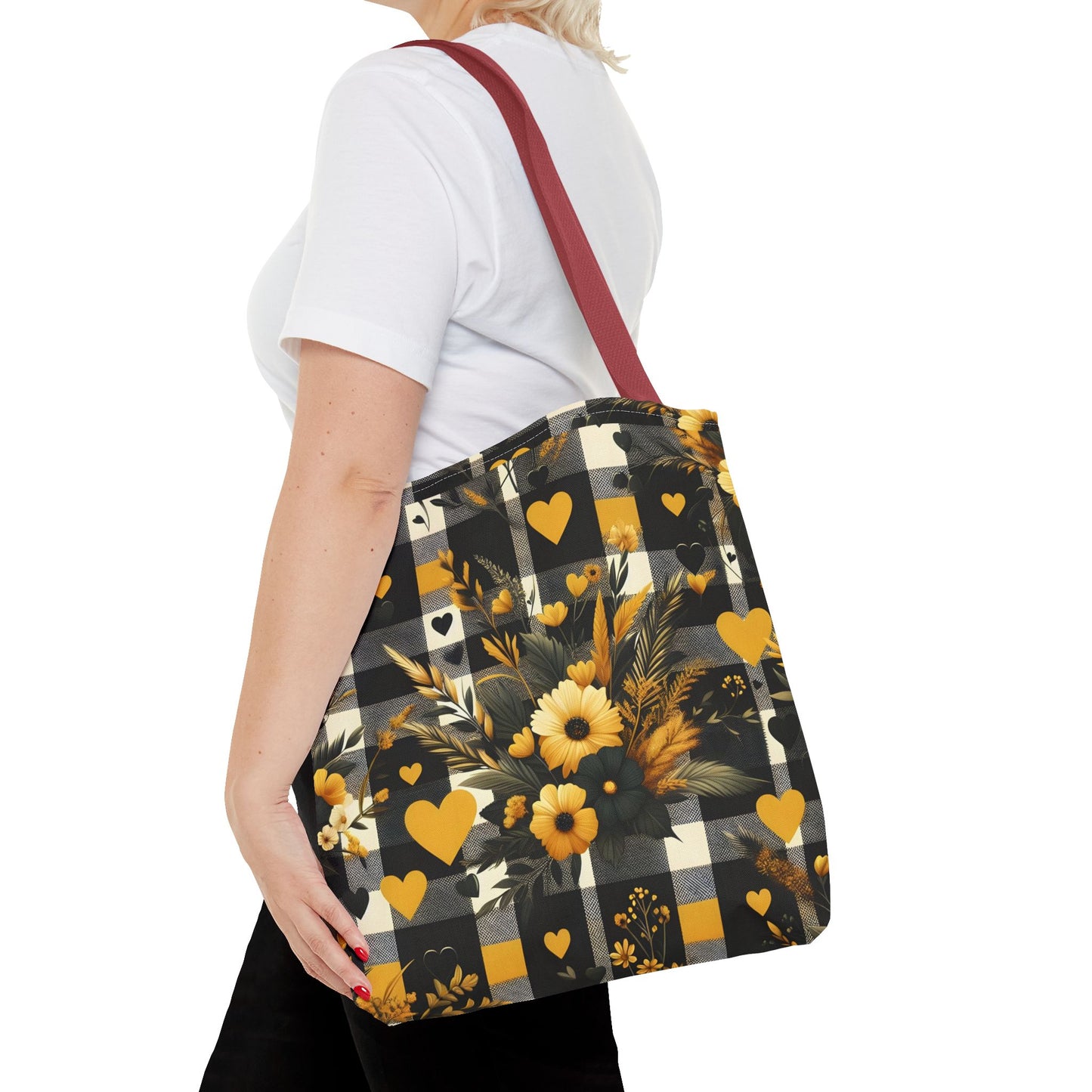 Stylish Yellow and Black Plaid Pattern with Floral and Hearts Tote Bag(AOP)