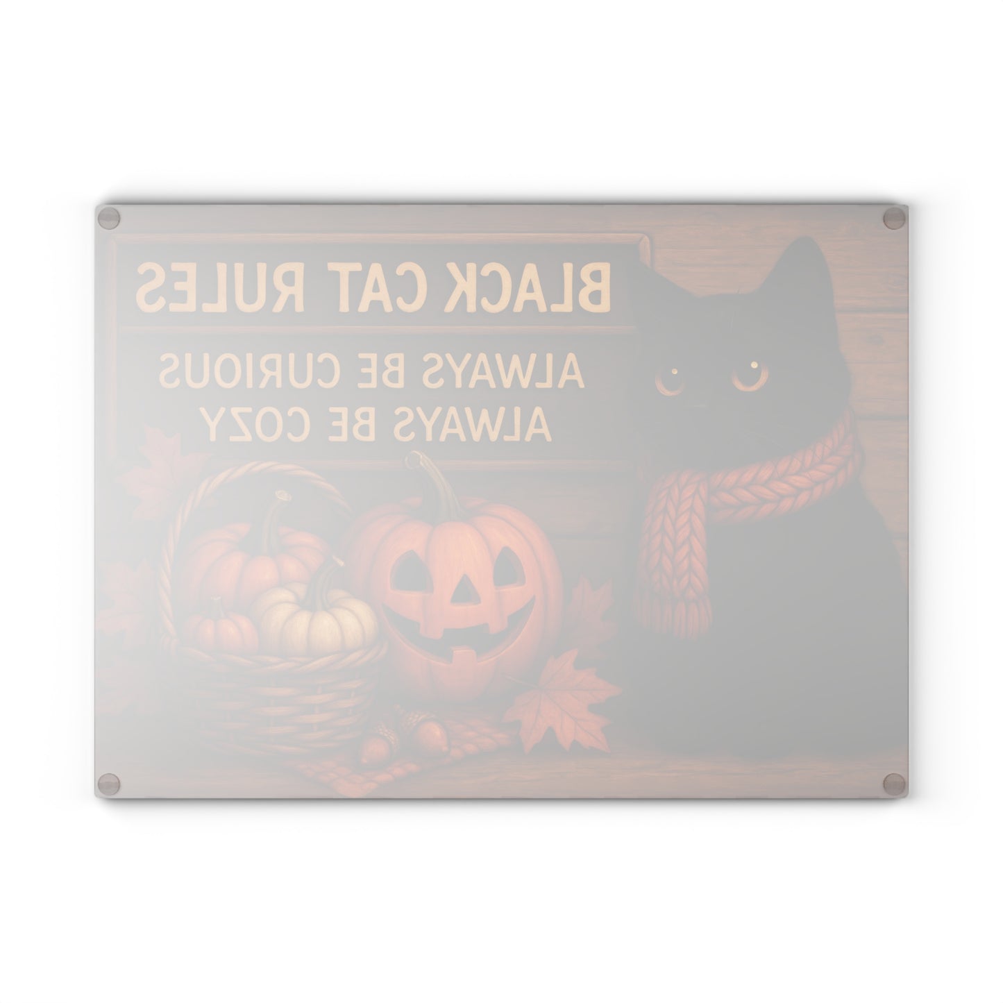 Black Cat Rules Glass Cutting Board - Always Be Curious, Always Be Cozy