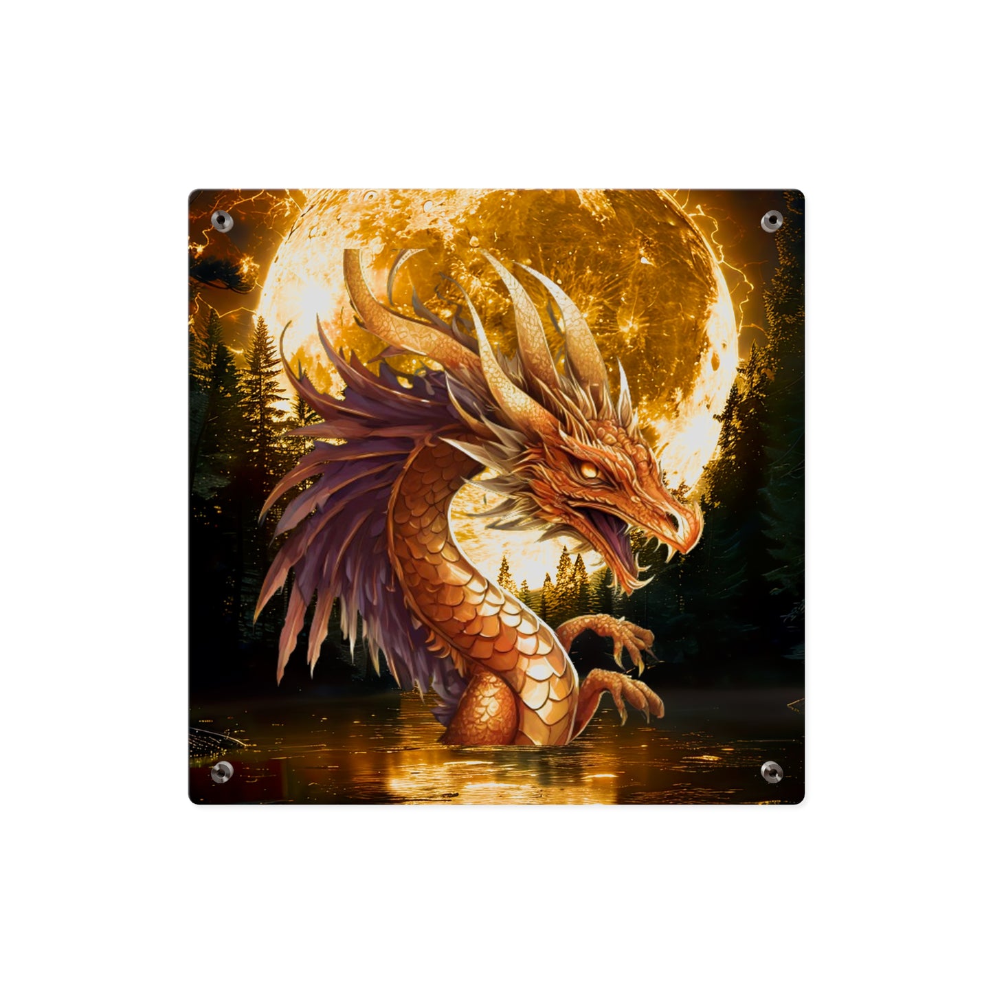 Gothic Theme Acrylic Wall Art Panel, Purple Dragon with Moon Background, Dragon Lovers, For Anyone, Accent for Any Room