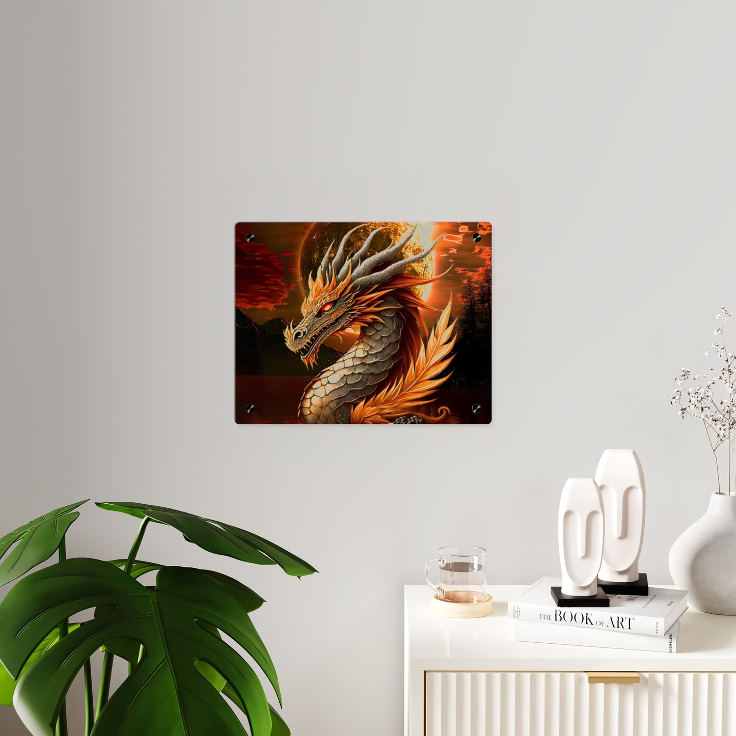 Gothic Theme Acrylic Wall Art Panels, Beautiful Dragon with Moon Background Decor, Accent for Any Room, Dragon Lovers, for Anyone