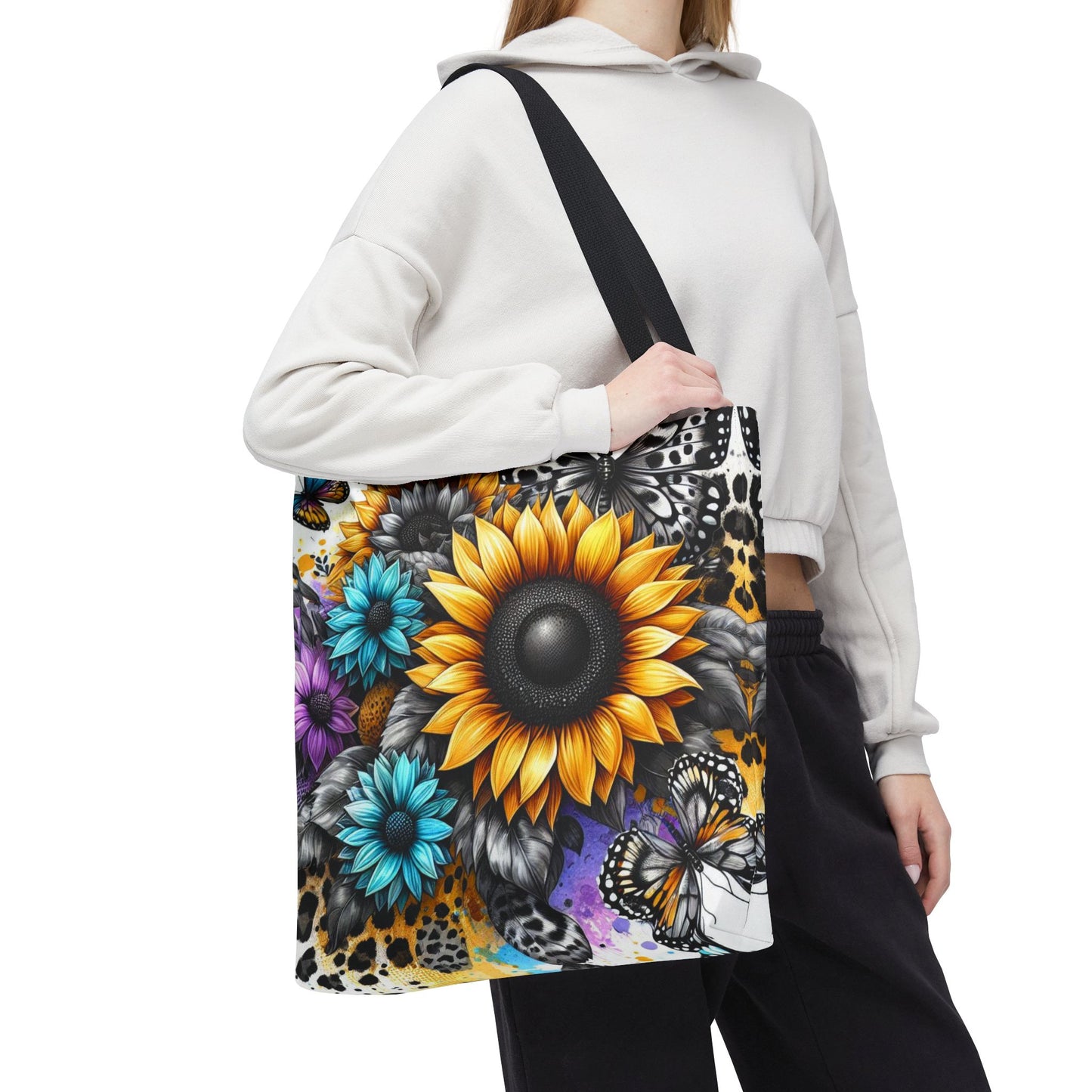 Sunflower & Butterfly Tote Bag — Colorful Floral All-Over Print