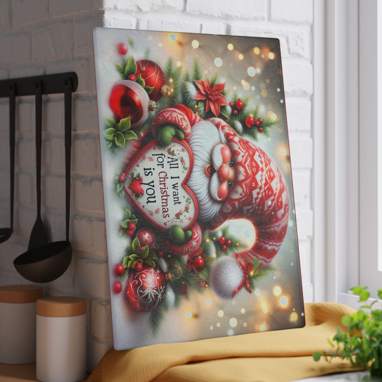 Festive Christmas Glass Cutting Board - Holiday Kitchen Decor with Santa Design
