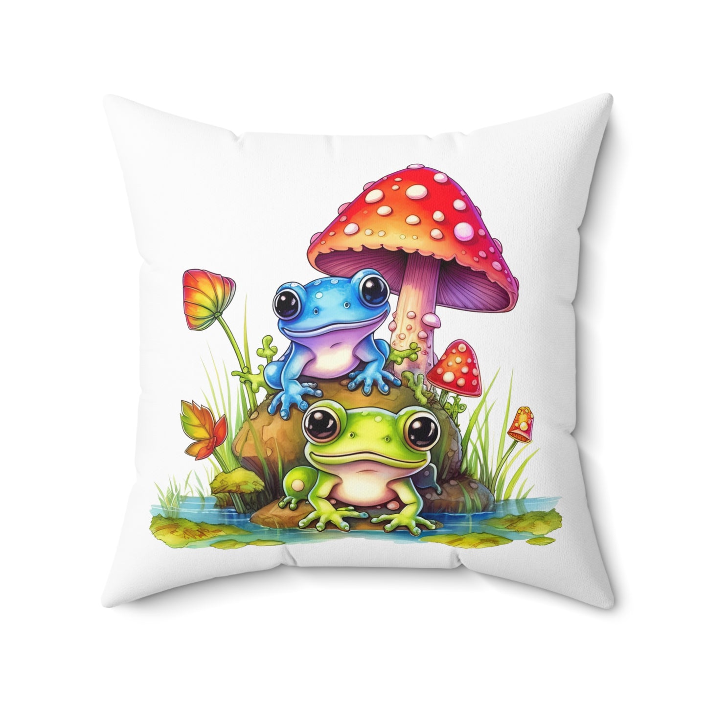 Decorative Spun Polyester Square Pillow, Stylish Mushroom with Frogs Decor for Home or Office, Gift Idea for Any Occasion for Anyone