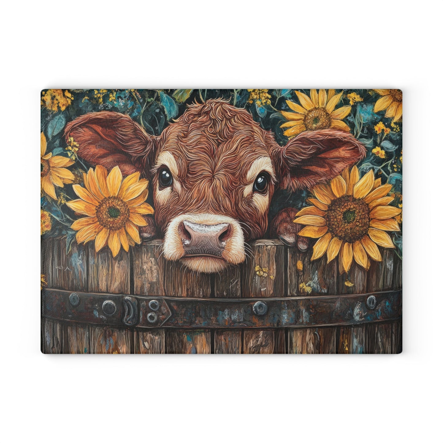 Cow and Sunflower Glass Cutting Board - Rustic Kitchen Decor