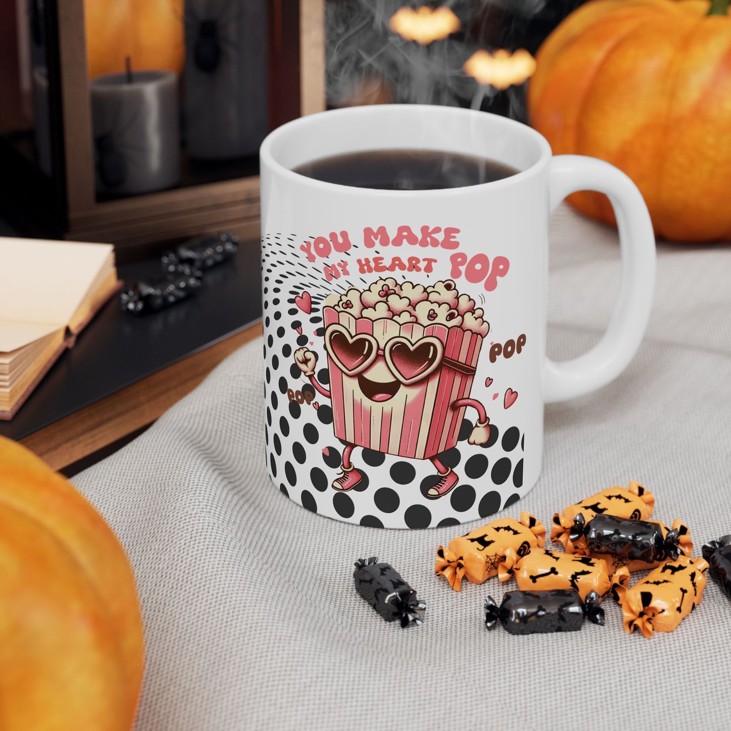 Valentine's Day Ceramic Mug – 'You Make My Heart Pop' Polka Dot Love Coffee Cup (11oz/15oz)