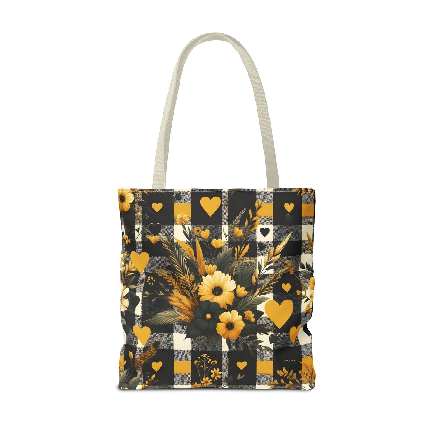 Stylish Yellow and Black Plaid Pattern with Floral and Hearts Tote Bag(AOP)