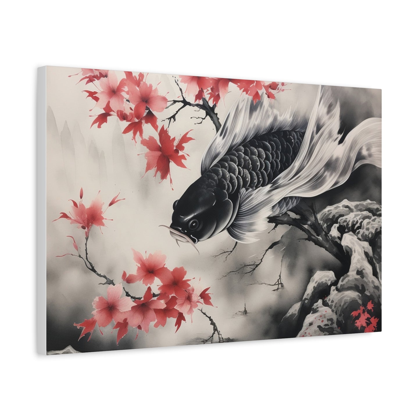 Koi Fish Artwork Canvas Wall Art Print - Elegant Decorative Wall Art with Cherry Blossoms