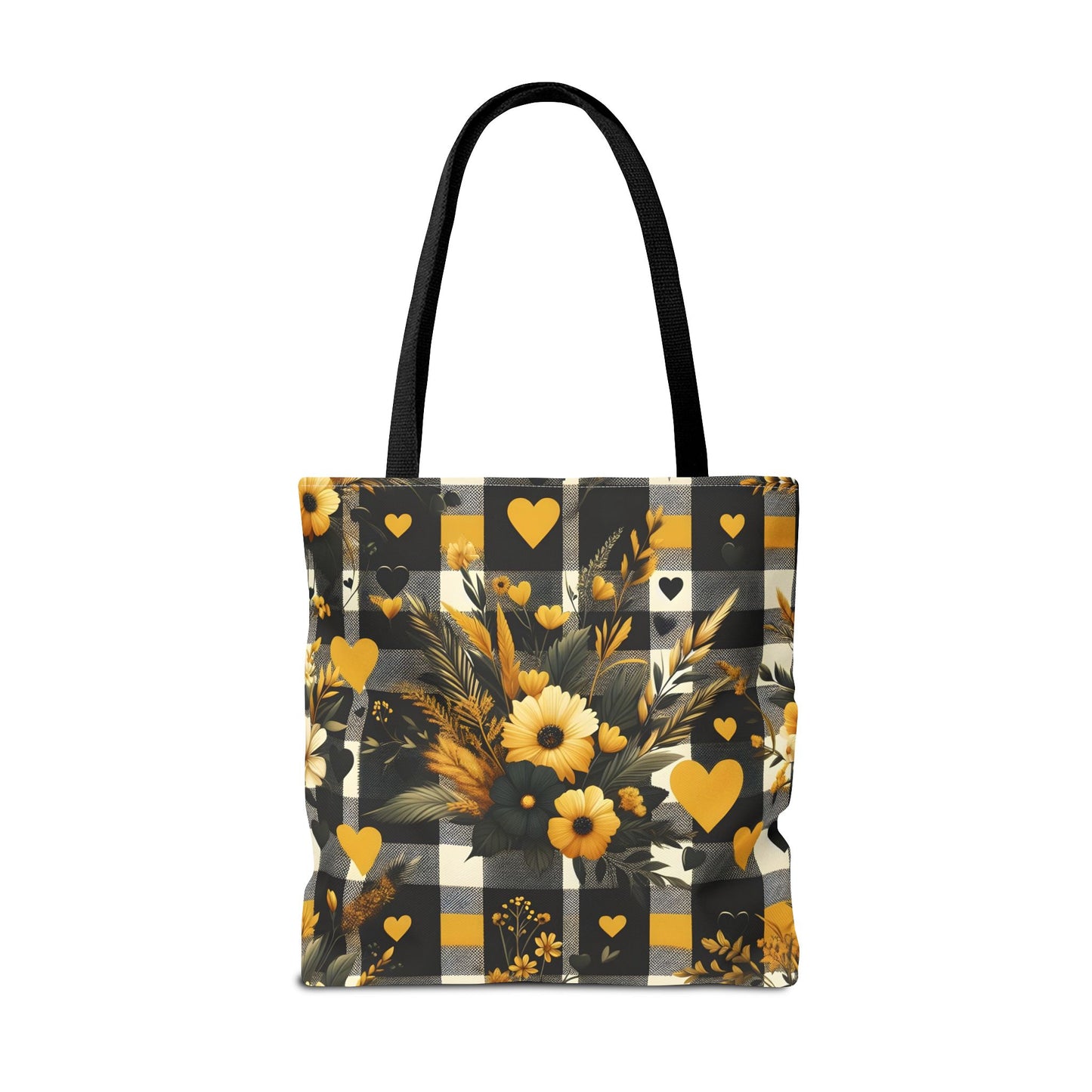 Stylish Yellow and Black Plaid Pattern with Floral and Hearts Tote Bag(AOP)