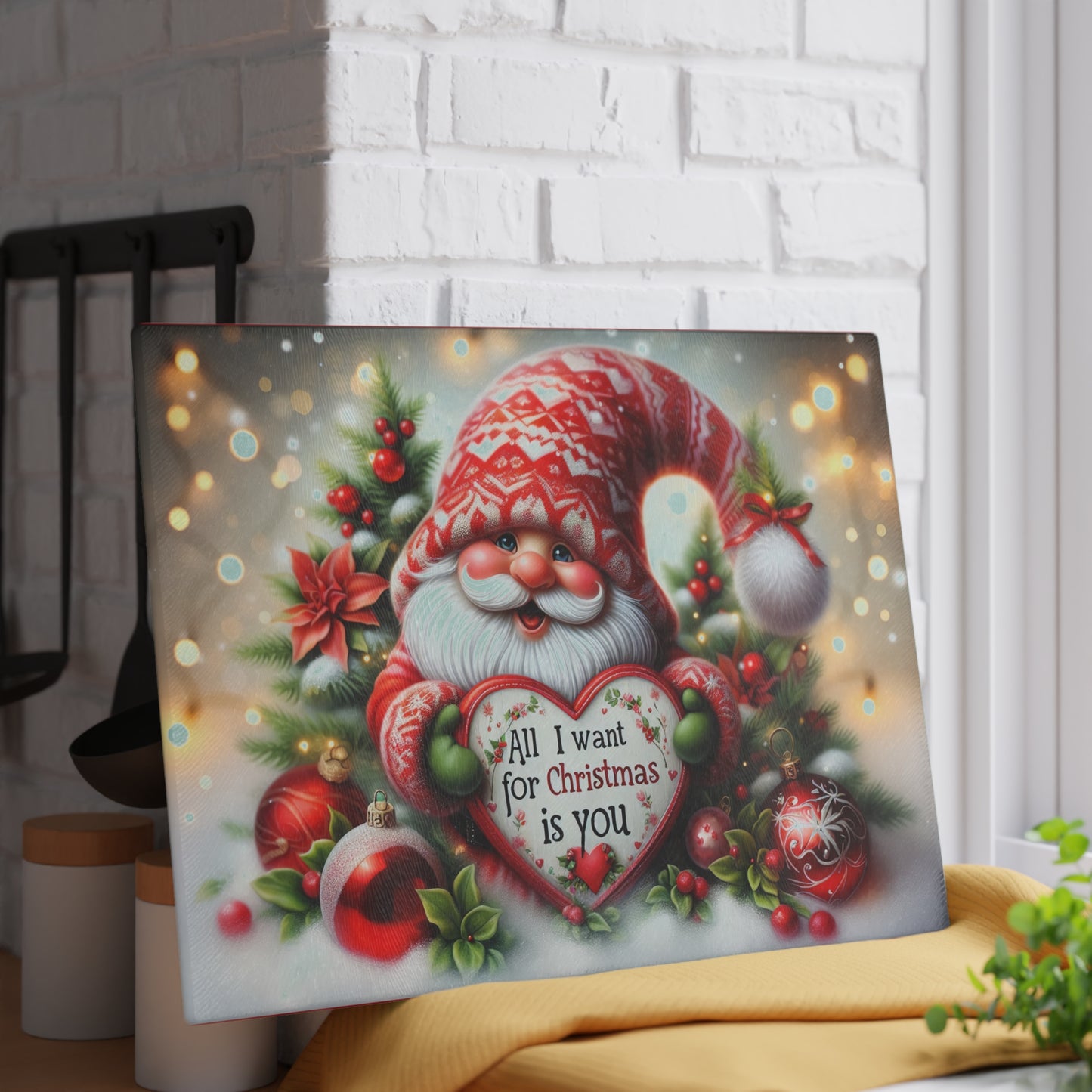 Festive Christmas Glass Cutting Board - Holiday Kitchen Decor with Santa Design