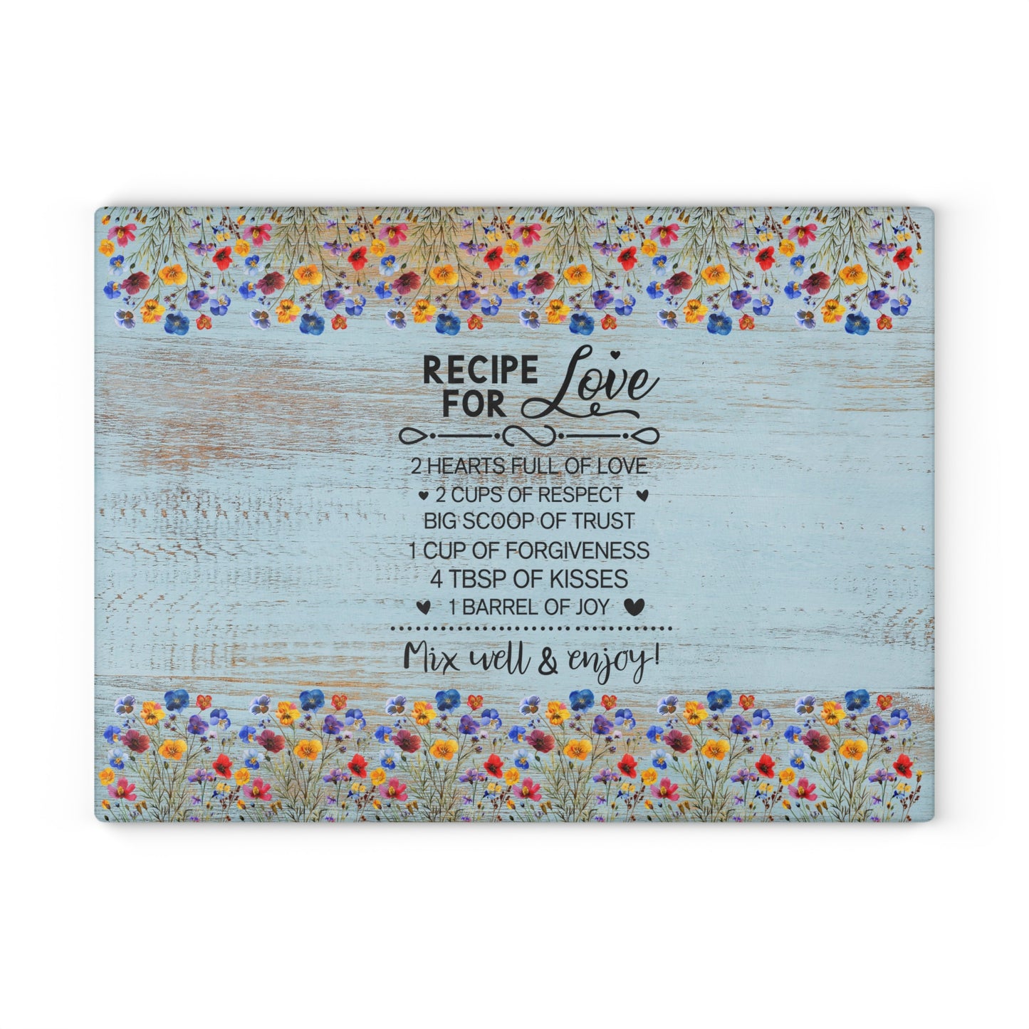 Glass Cutting Board - "Recipe for Love" Floral Kitchen Decor, Decorative Tempered Glass Chopping Board, Wedding & Mother’s Day Gift