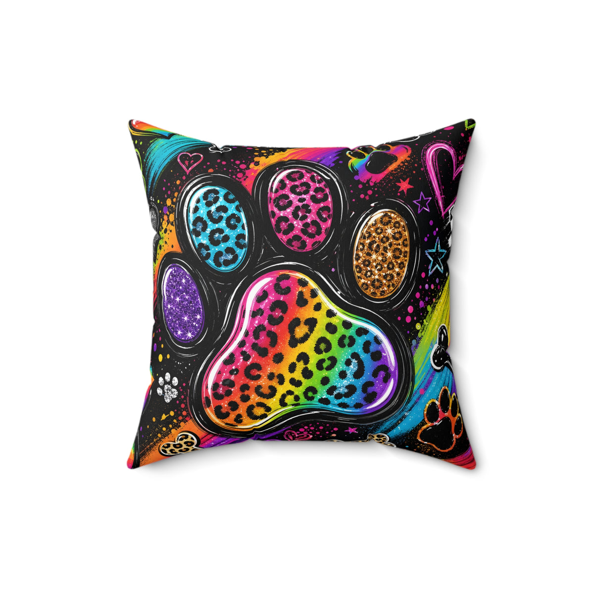 Rainbow Leopard Paw Print Throw Pillow — Colorful Pet Lover Decorative Cushion
