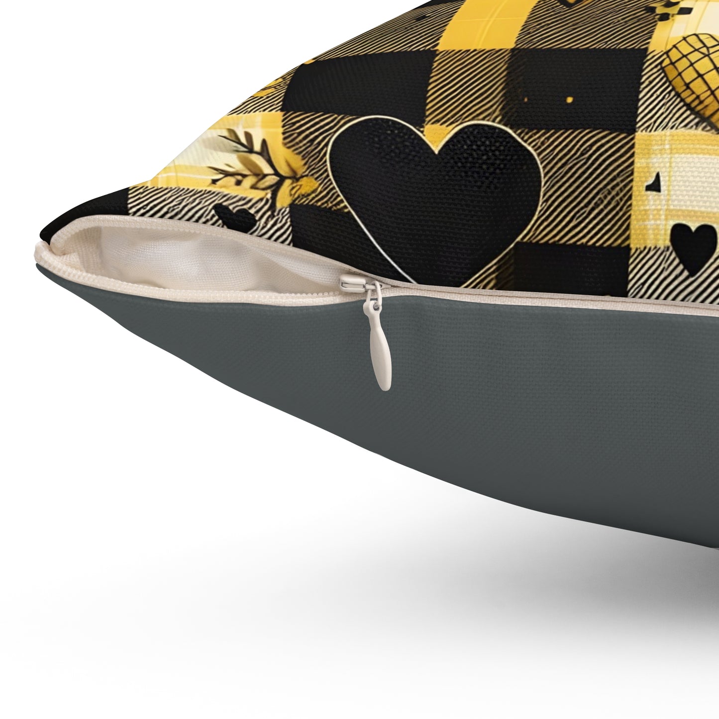 Decorative Spun Polyester Square Pillow with Floral and Hearts Plaid Pattern