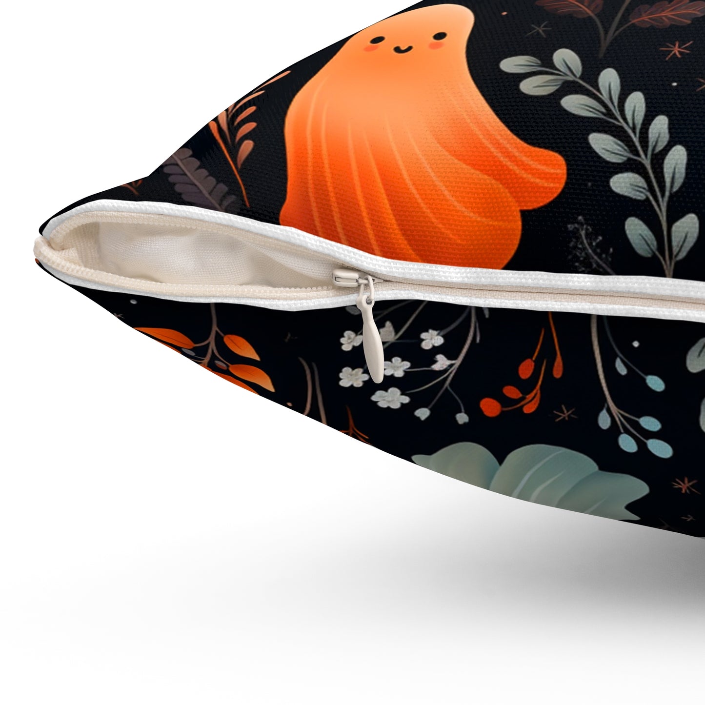 Friendly Ghosts And Floral Spun Polyester Square Pillow, Accent for Any Room, Beautiful Fun Festive Halloween Decor, Great Housewarming Gift Idea